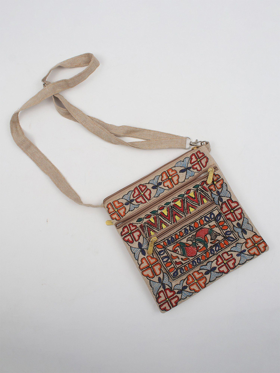 Exotic India Floral Printed Madhubani Art Structured Jute Sling Bag