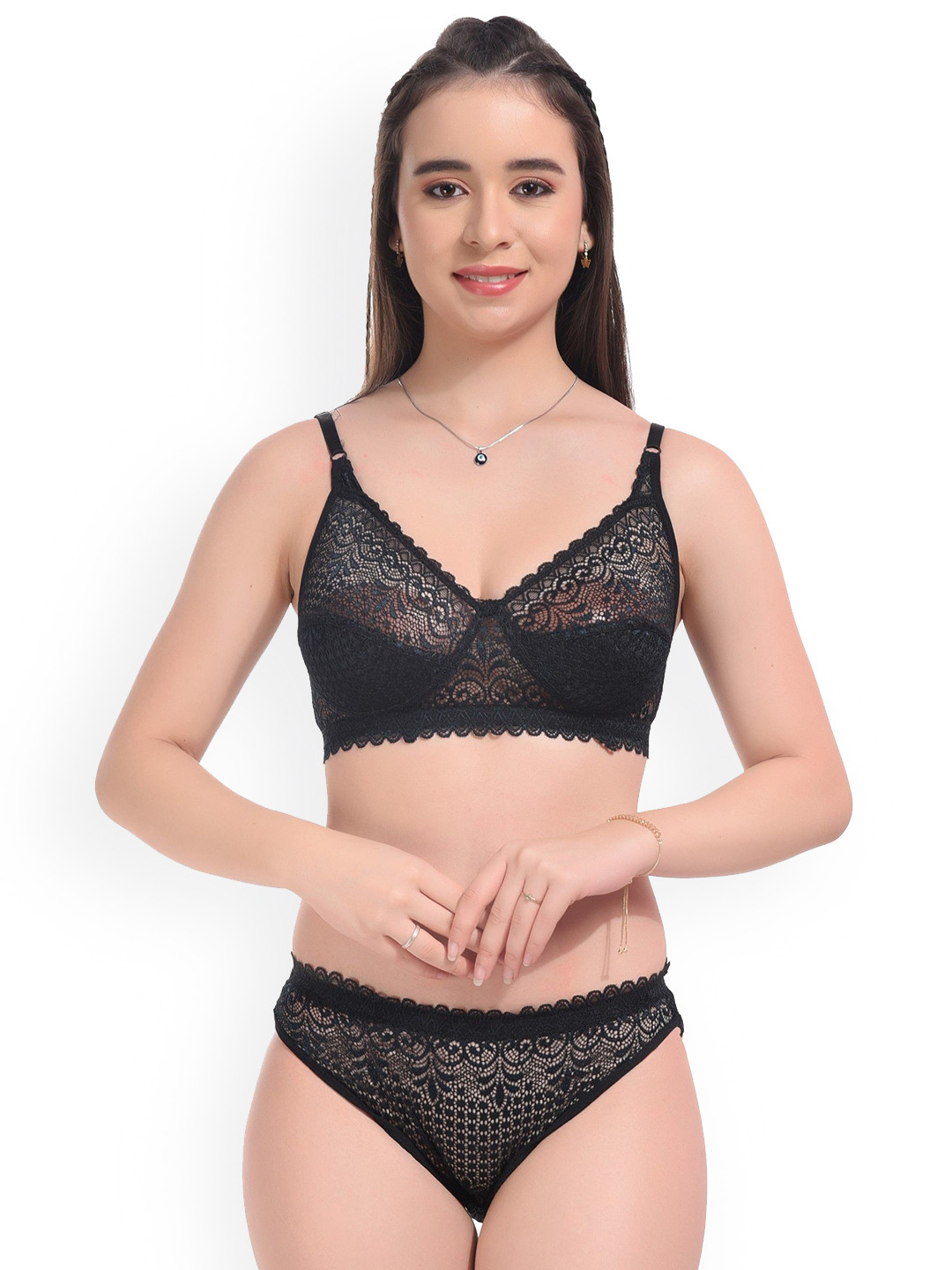 DHANDAI FASHION Self Design Non Padded Lingerie Set Decent Set-Black (M-2-1P)