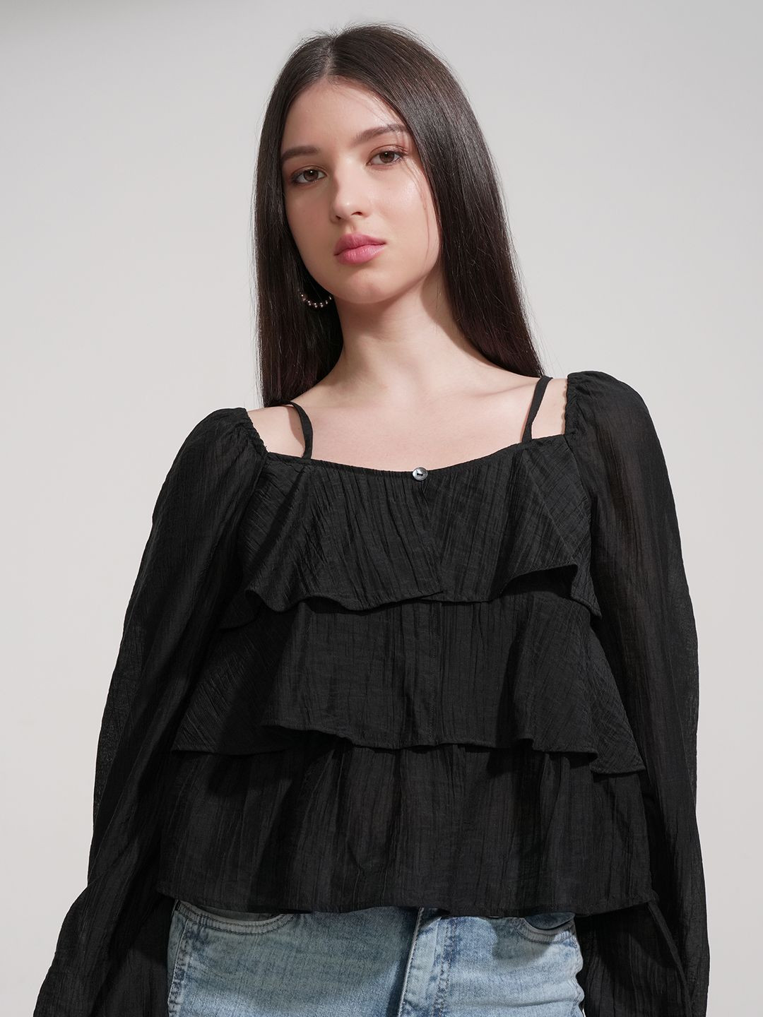 Tokyo Talkies Women Solid Tiered Ruffle Top