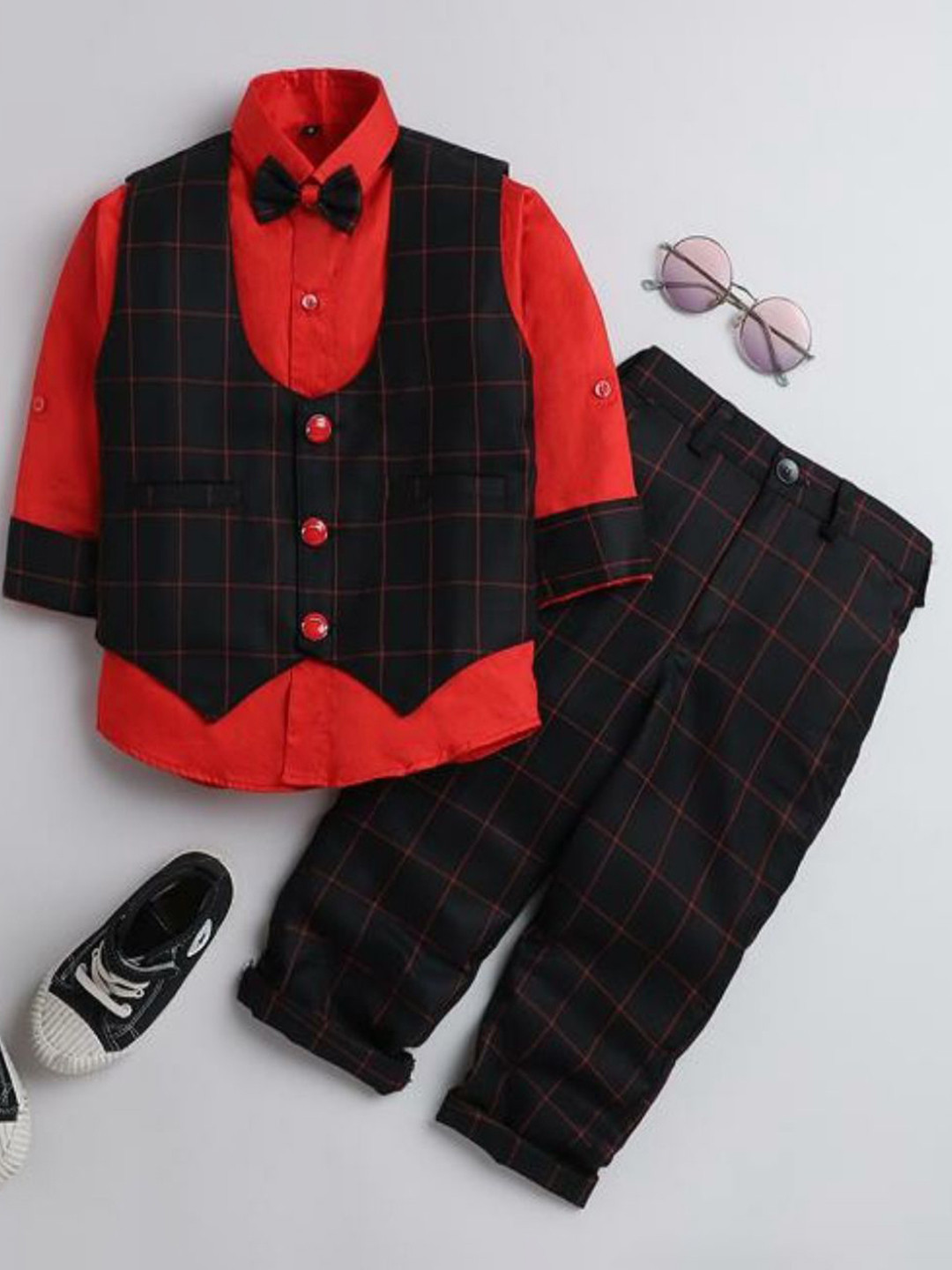 MEROPE Boys Checked Waistcoat With Trouser And Shirt 3-Piece Suit