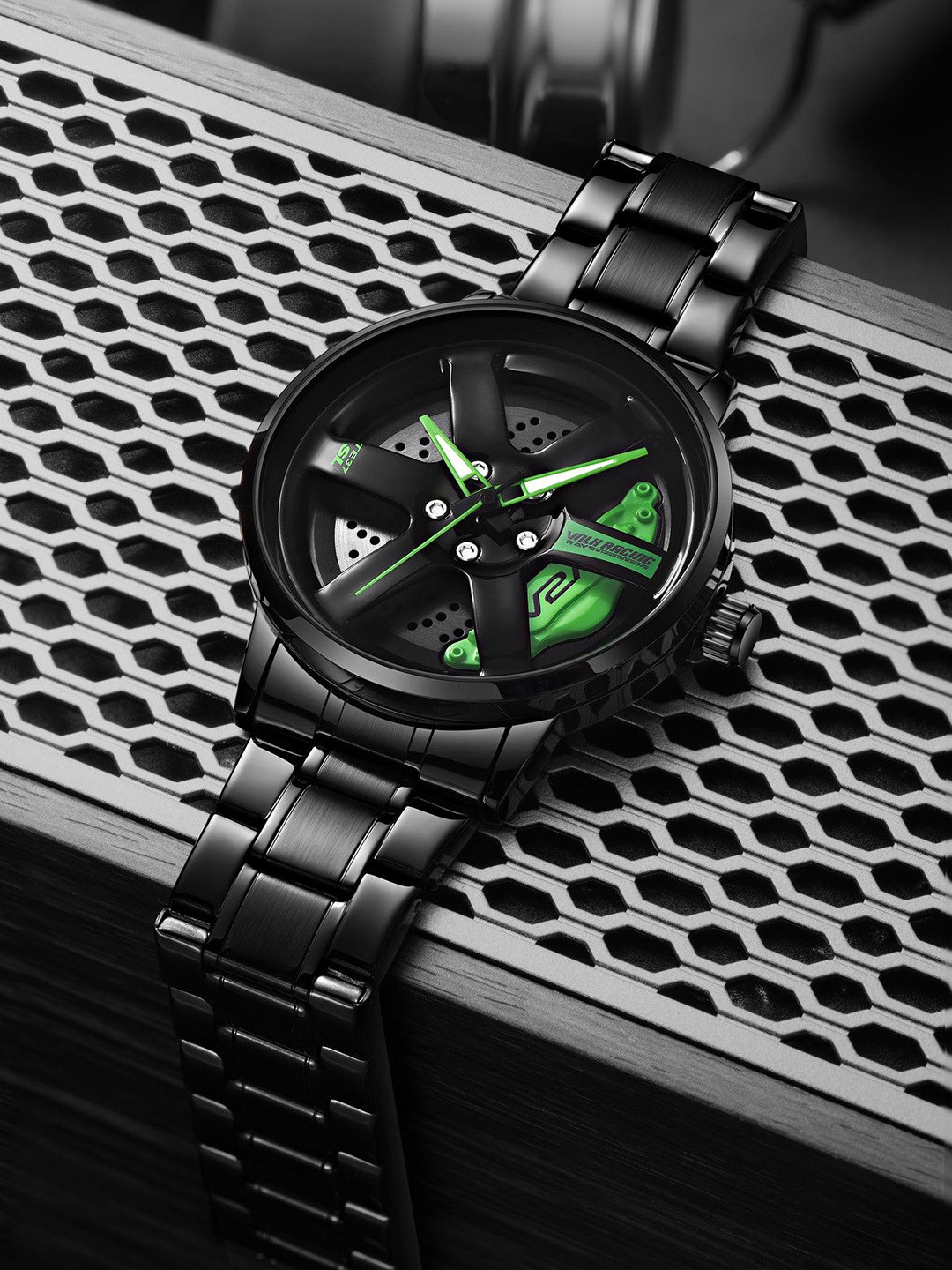 V2A Men Rotating Dial & Stainless Steel Straps Analogue Watch V2A-CS-2410-Blk-Grn-0