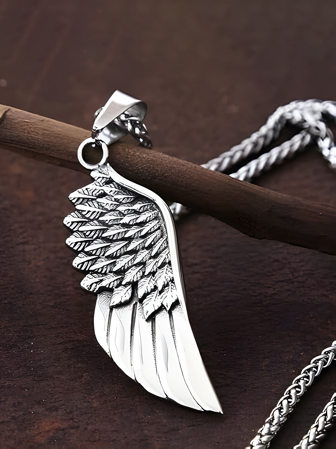 PASU FASHION Angel Wing Men Stainless Steel Silver-Plated Feather Shaped Pendant & Chain