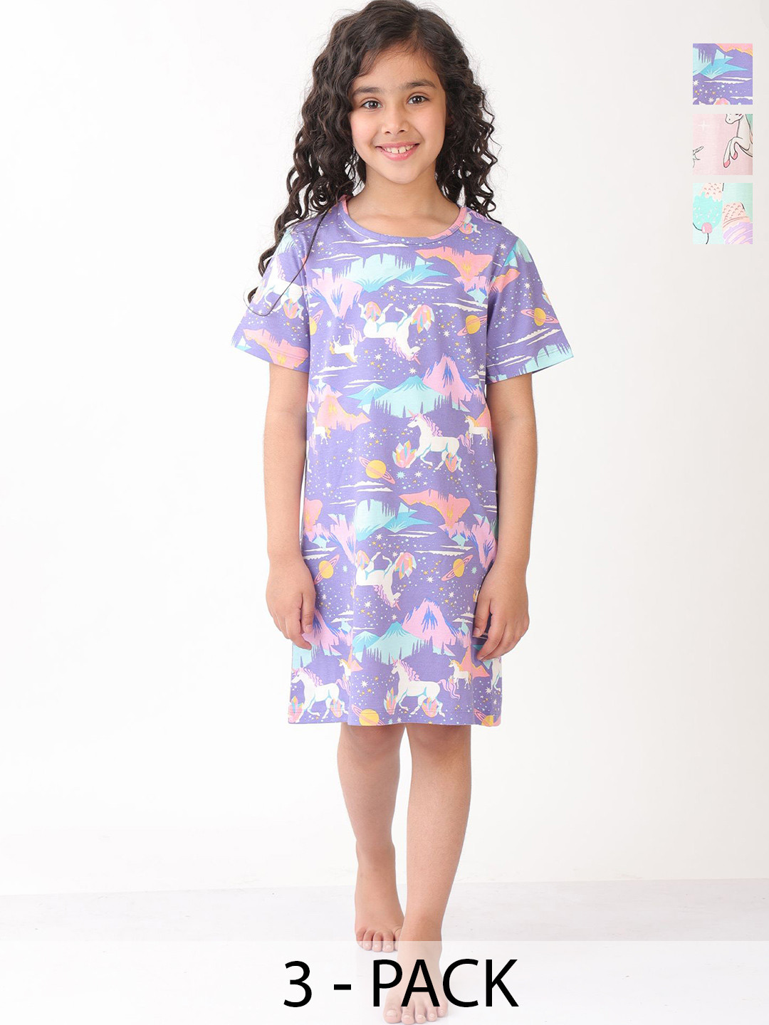 Anthrilo Girl Pack Of 3 Unicorn Star, Ice cream and Unicorn Planet Night Dress
