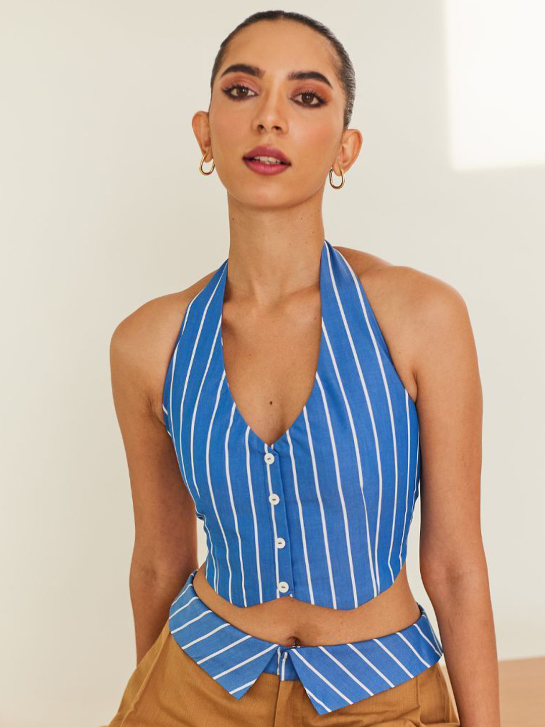 Urban Suburban Women Cotton Blue & White Striped Vest Crop Top