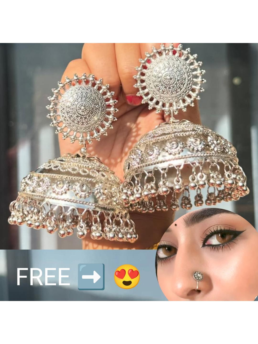 ISLANA Dome Shaped Jhumkas with Nosering