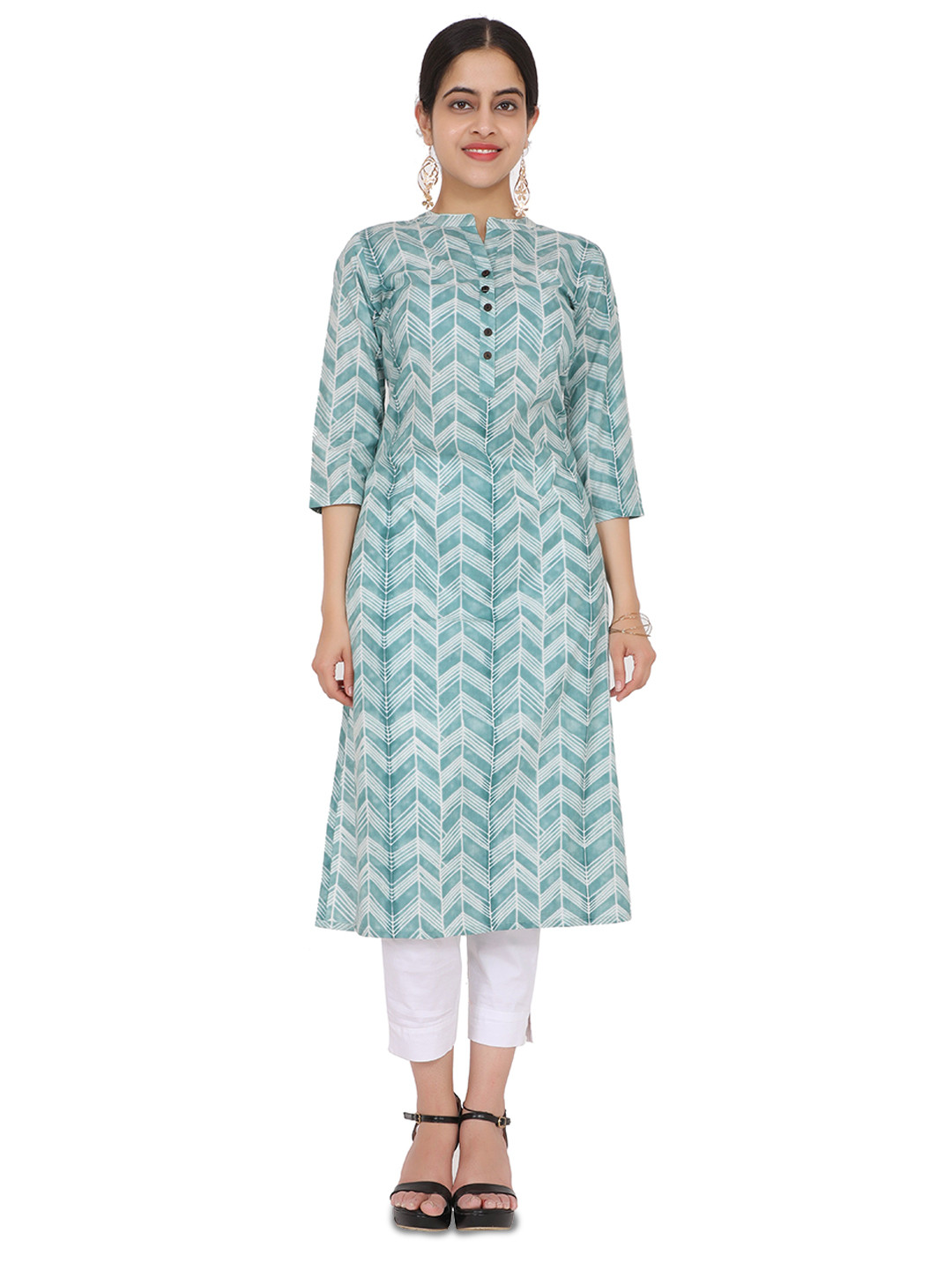 BABRU Chevron Printed Mandarin Colla Prure Cotton Straight Kurta