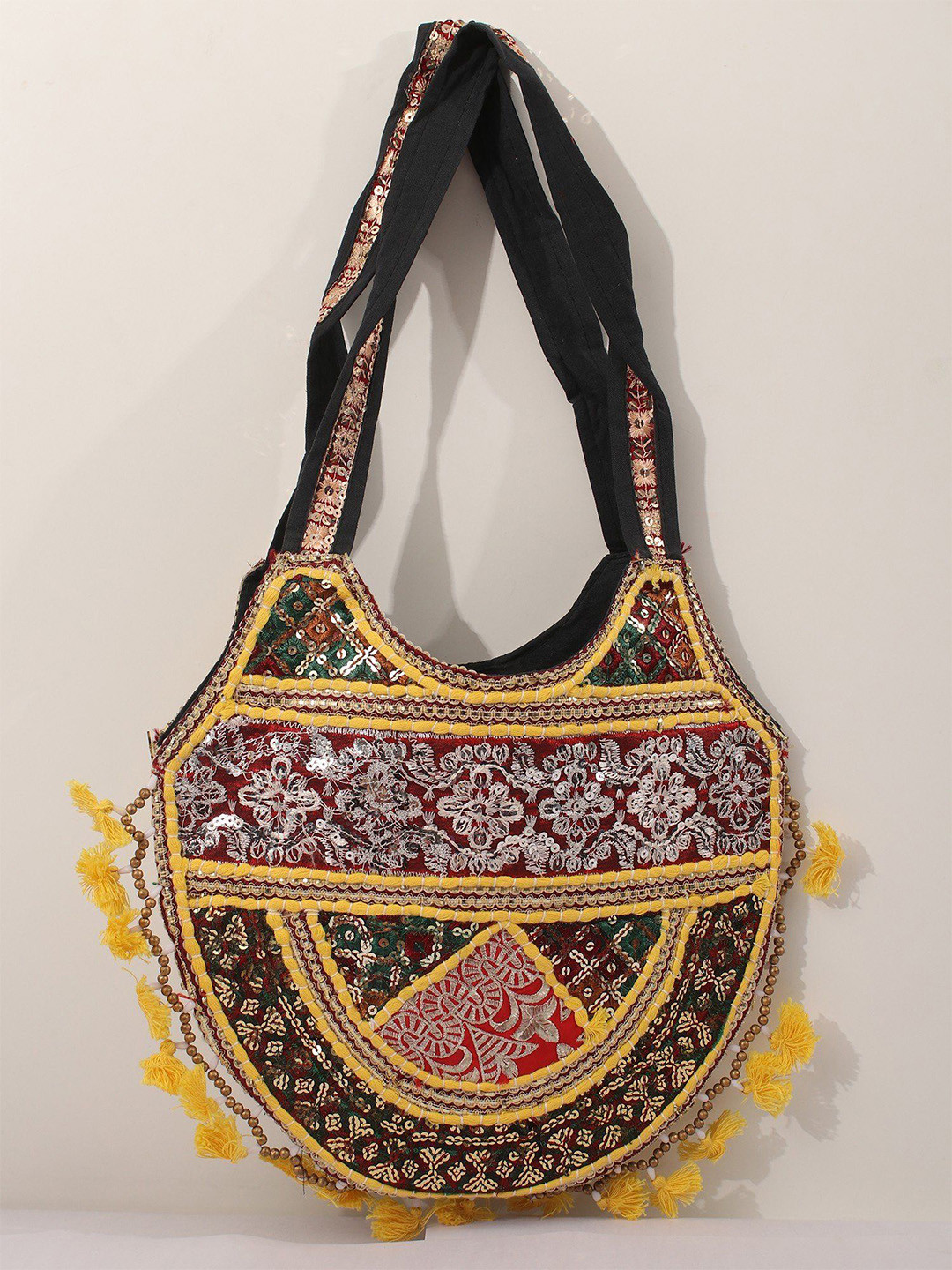 Exotic India Floral Embellished Structured Shoulder Bag with Zari-Sequin Embroidery