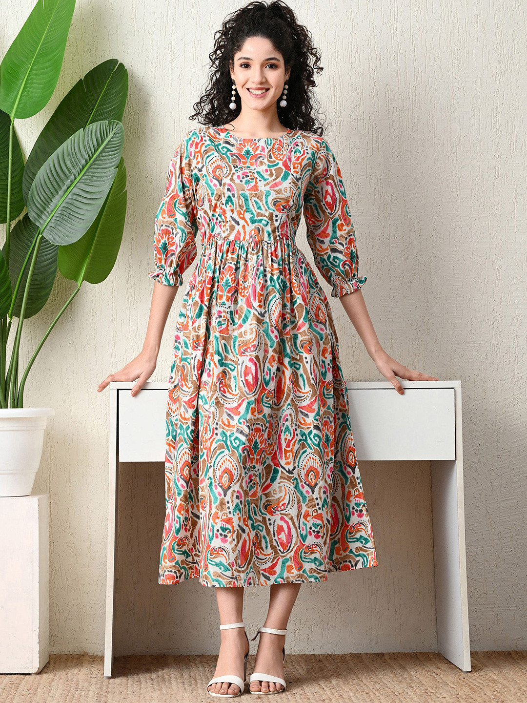 Ichaa Women Print Puff Sleeve Maternity Fit & Flare Midi Dress