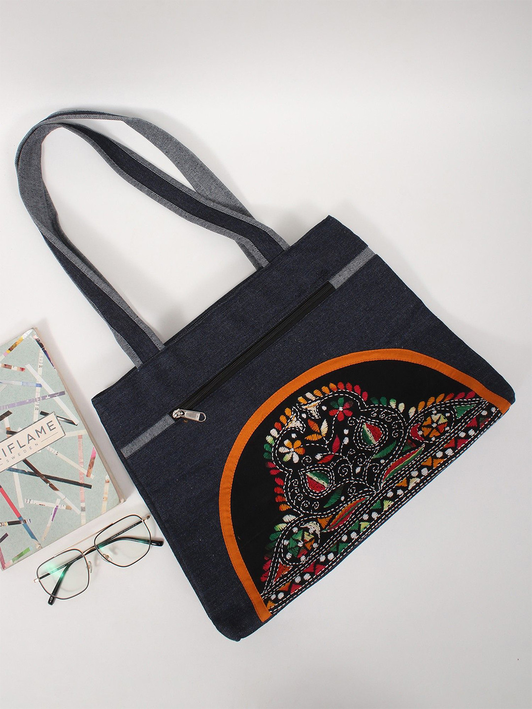 Exotic India Floral Embroidered Patchwork Structured Denim Tote Bag