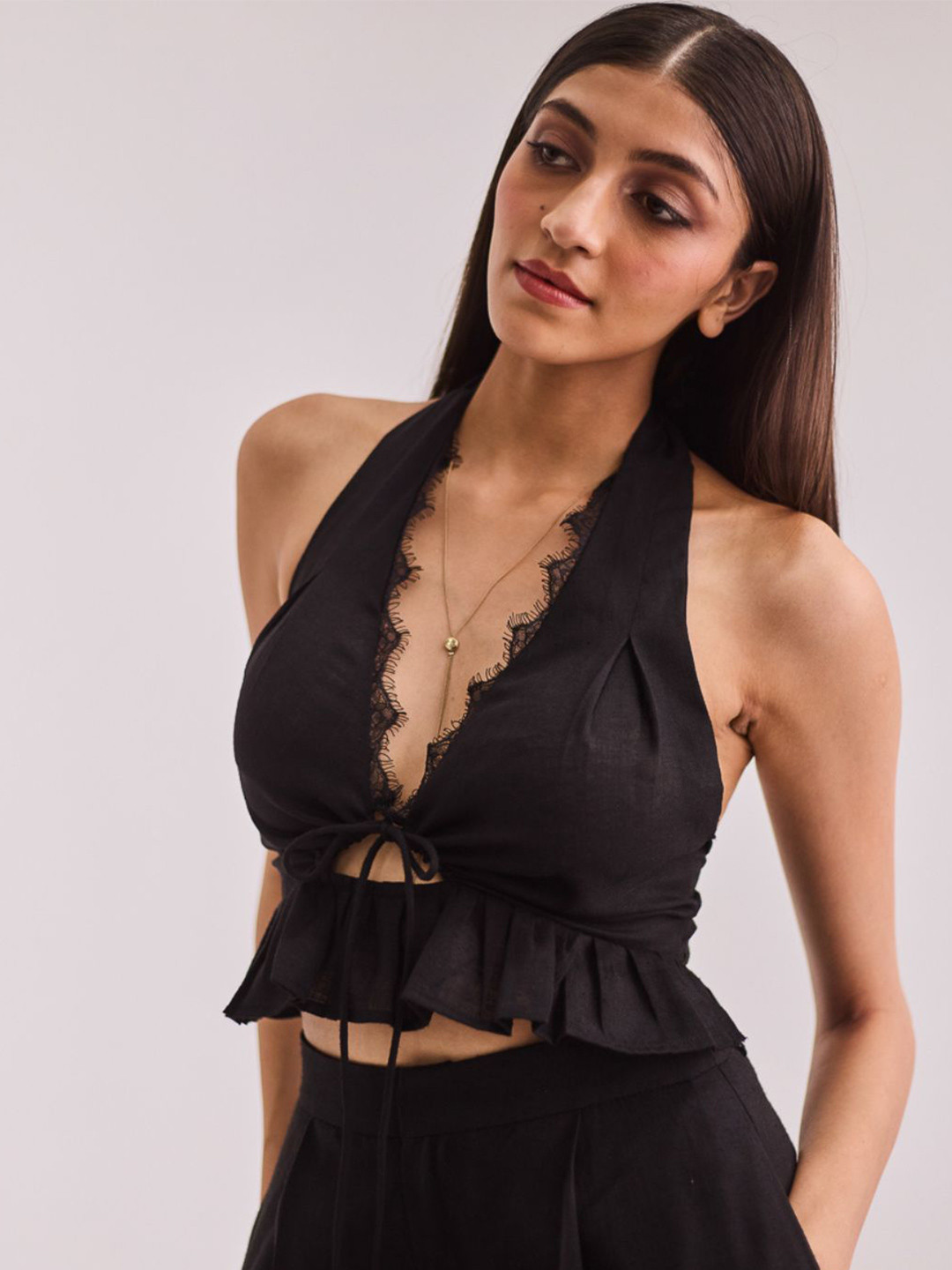 Urban Suburban Women Black Halter Top with Tie-up
