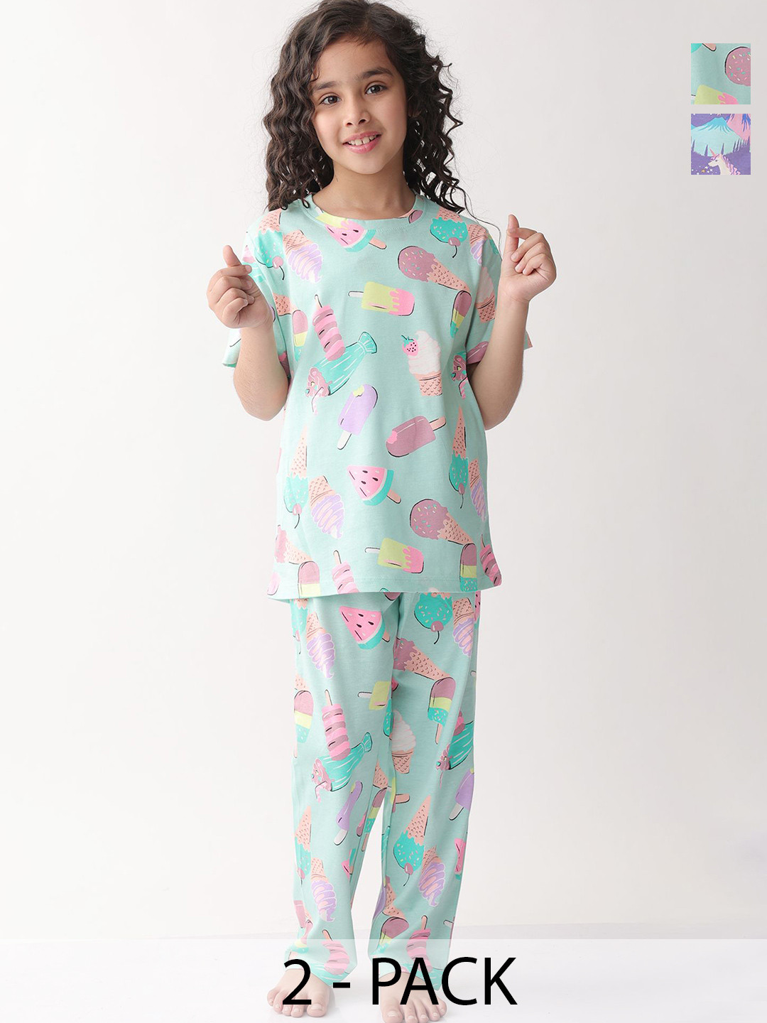 Anthrilo Girls Pack Of 2 Ice-Cream And Unicorn Planet T-shirt & Pyjamas Night suit