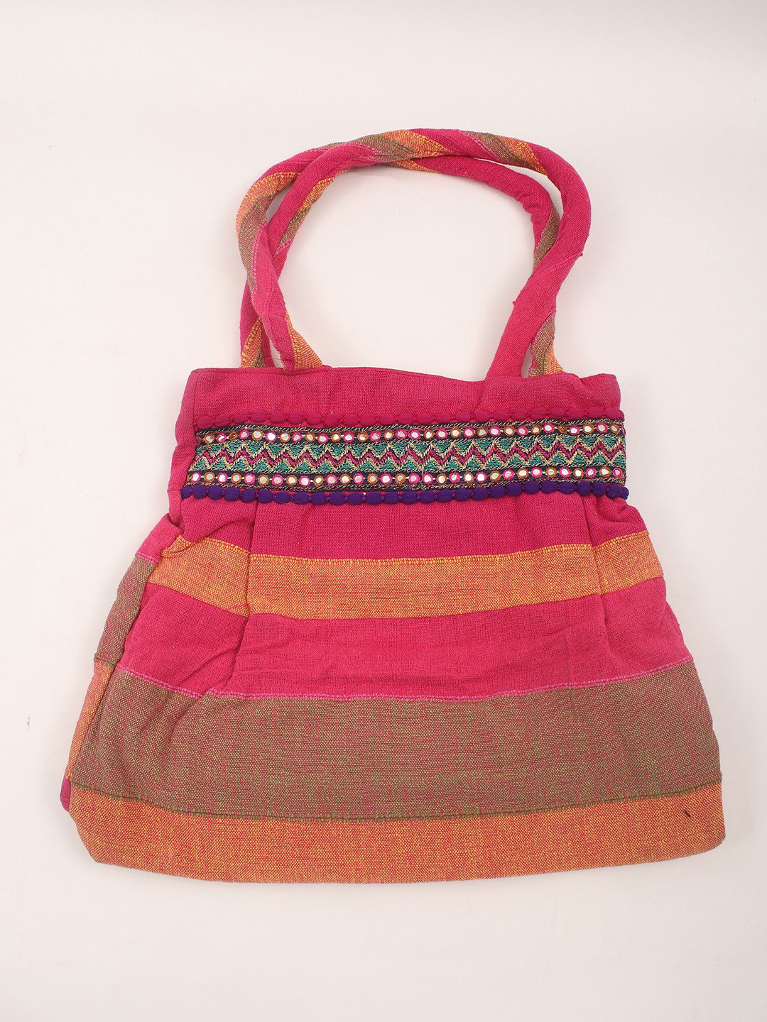 Exotic India Rainbow Cotton Shopper Bag with Embroidered Patch