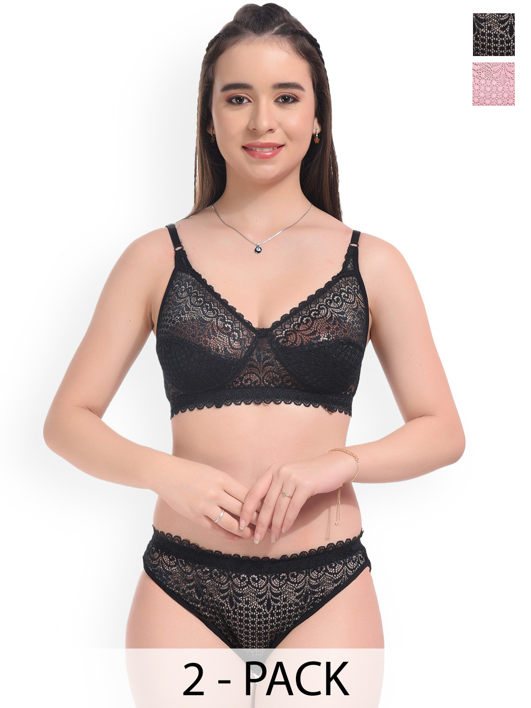 DHANDAI FASHION Pack Of 2 Self Design Lingerie Sets Decent Set-Black Pink (M-2-2P)