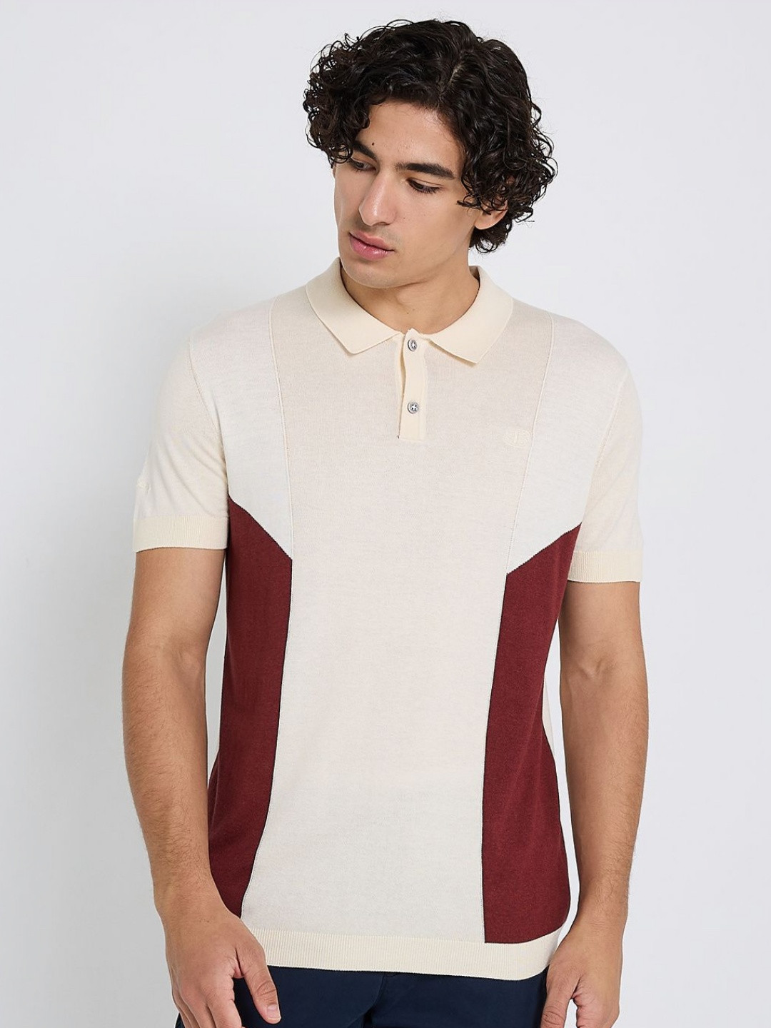 BEN SHERMAN Colourblocked Printed Polo Collar Cotton T-shirt