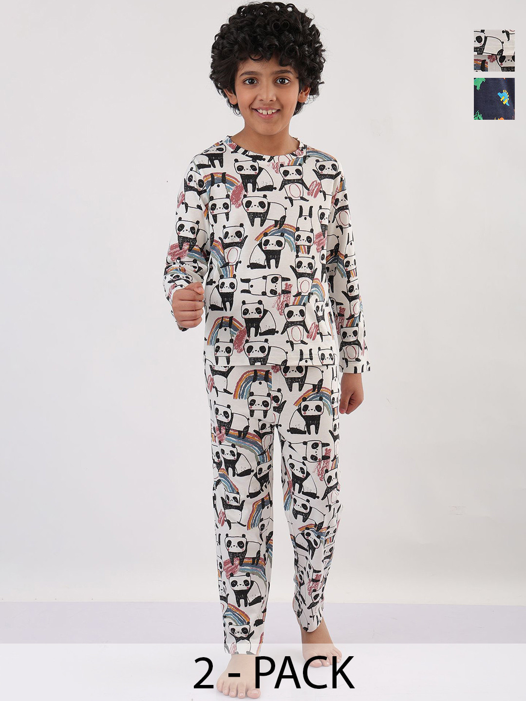 Anthrilo Boys Pack Of 2 Pure Cotton Panda And Dinosaur Fun Navy Long Sleeves Pyjama Set