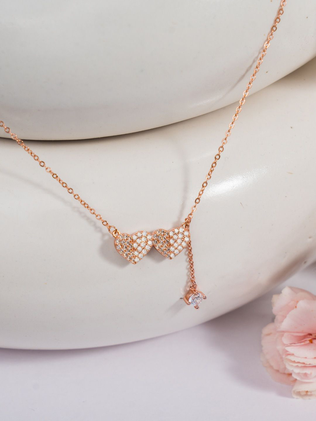 Tora Sterling Silver Rose Gold Plated Cubic Zirconia Studded Heart Shaped Necklace