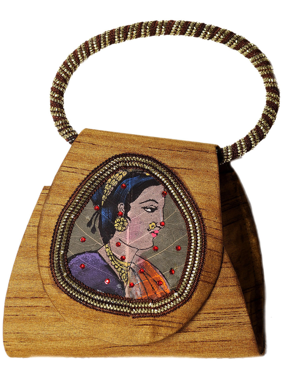 Exotic India Bracelet Bag with Beadwork and Painted Lady Figure on Fig Leaf