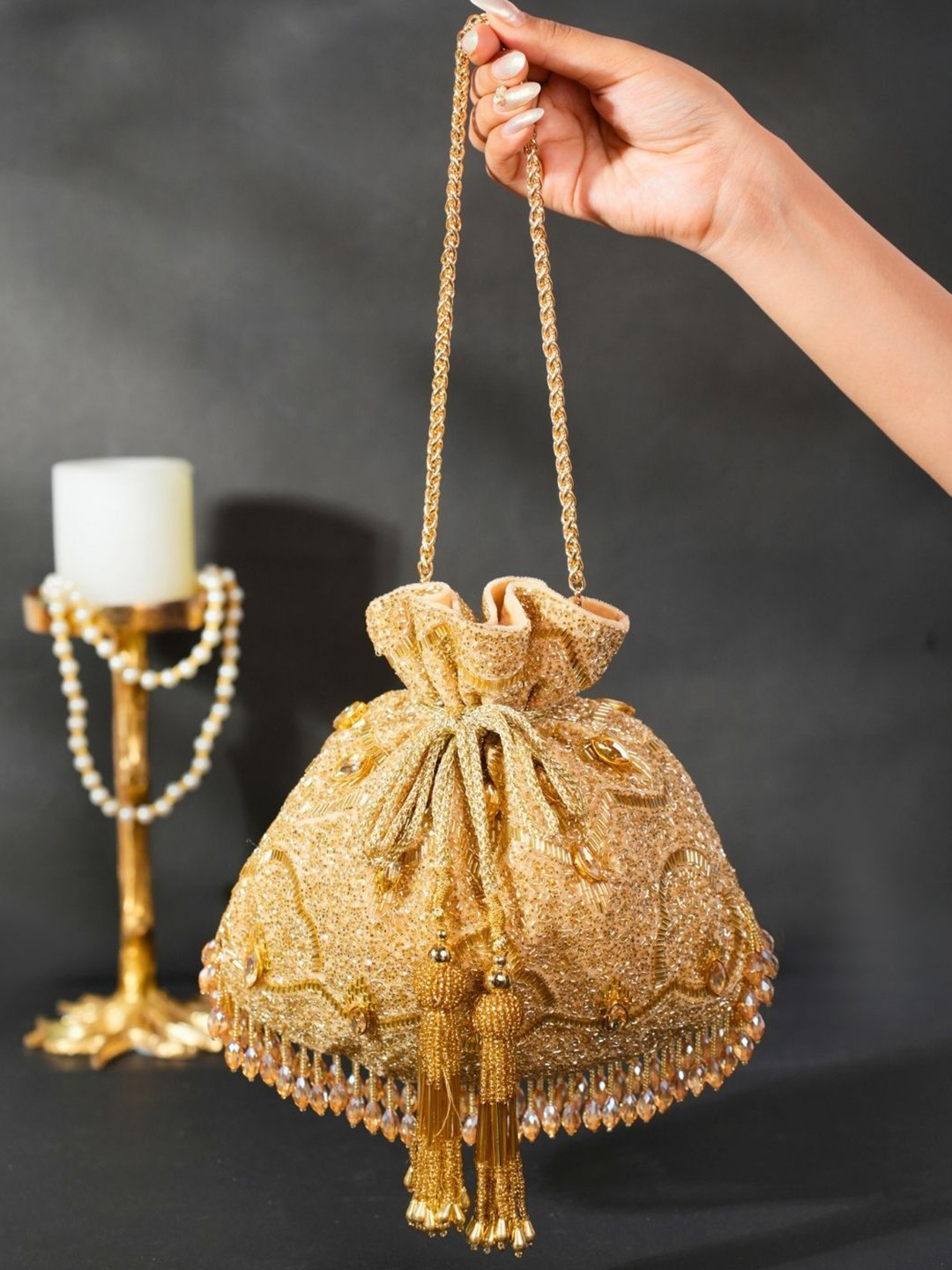 House of Kosha Sunheri Embellished Structured Handheld Bag