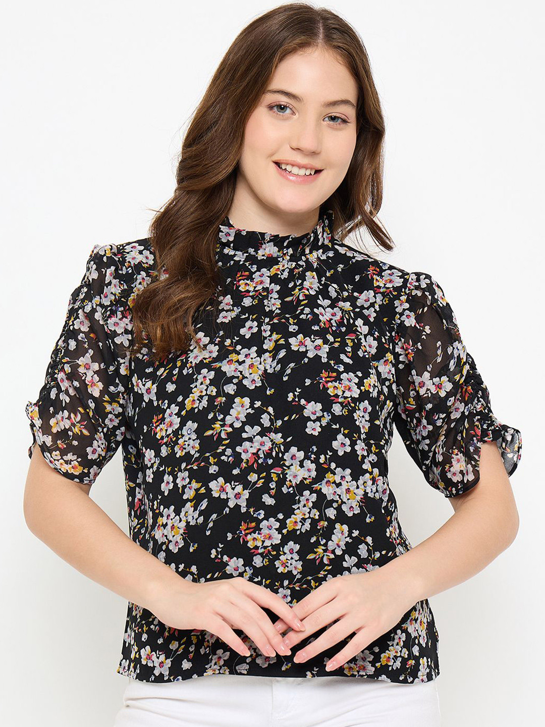 Imfashini Women Floral Printed Choker Neck Puff Sleeve Georgette Top