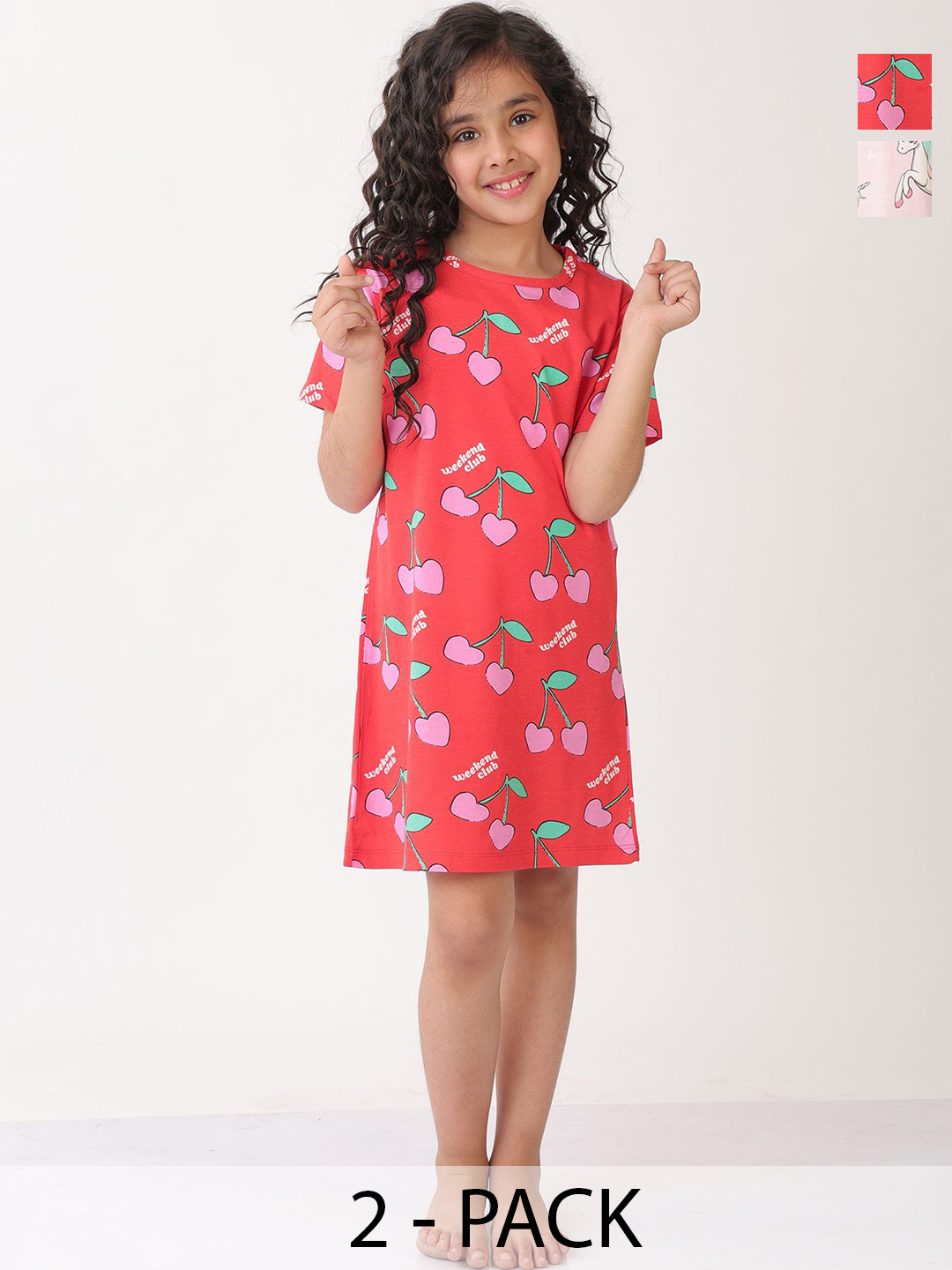 Anthrilo Kids Girls Pack of 2 Cartoon Characters Printed Pure Cotton Nightdress