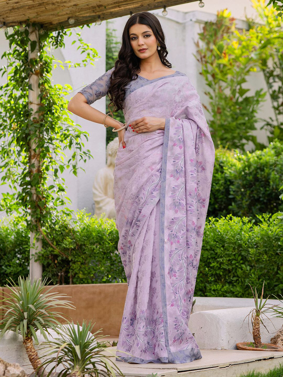 Mitera Woven Design Print Saree With Unstiched Blouse Piece