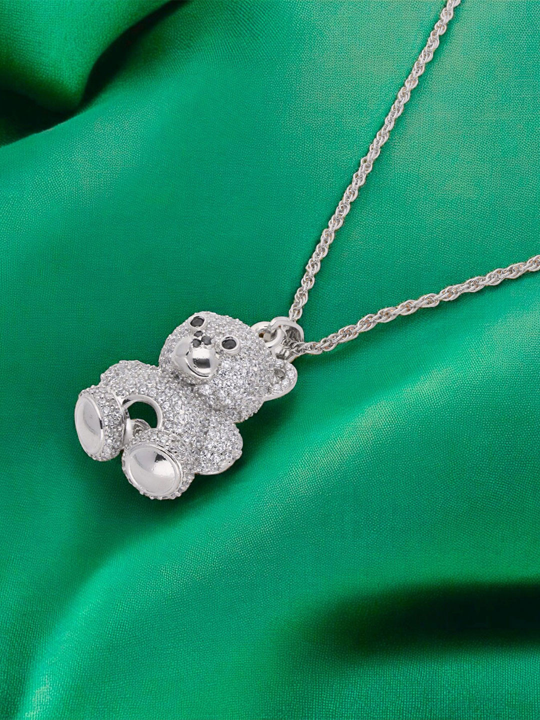 Crash.Club By CKC Silver Rhodium-Plated CZ Studded Teddy Bear Pendant With Chain