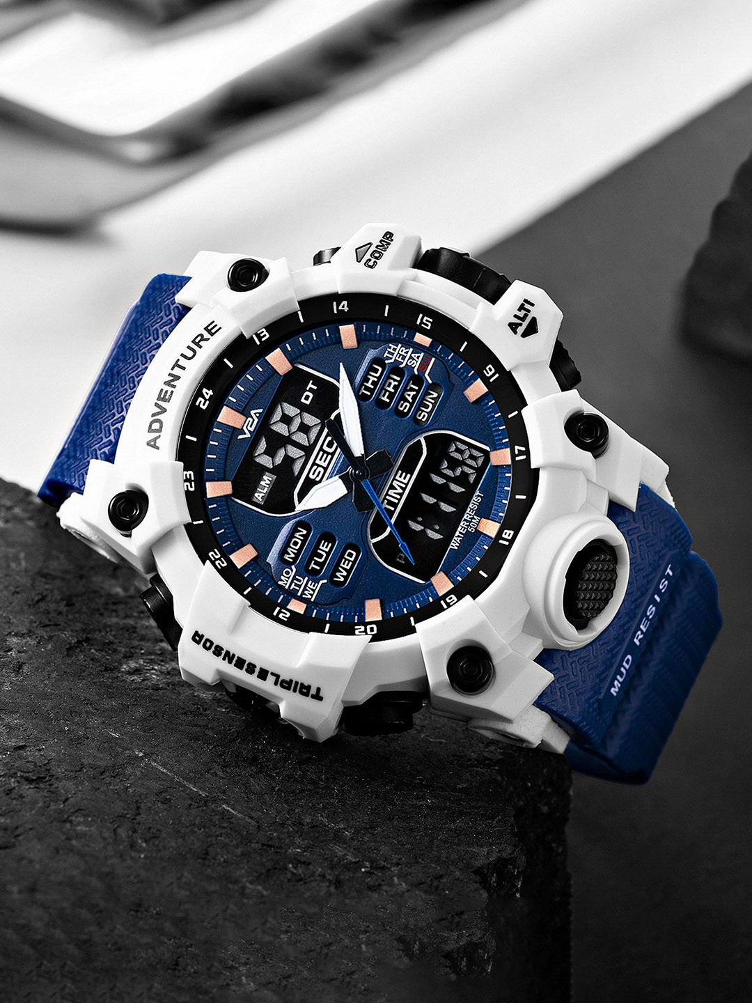 V2A Men Patterned Dial & Bracelet Style Straps and Digital Watch V2A-CS-1730-Blu-Wht