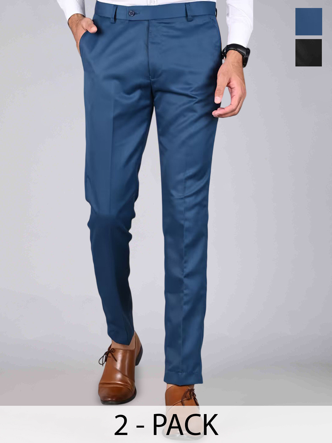 MANCREW Men Pack of 2 Solid Tailored Mid-Rise Formal Formal Trousers
