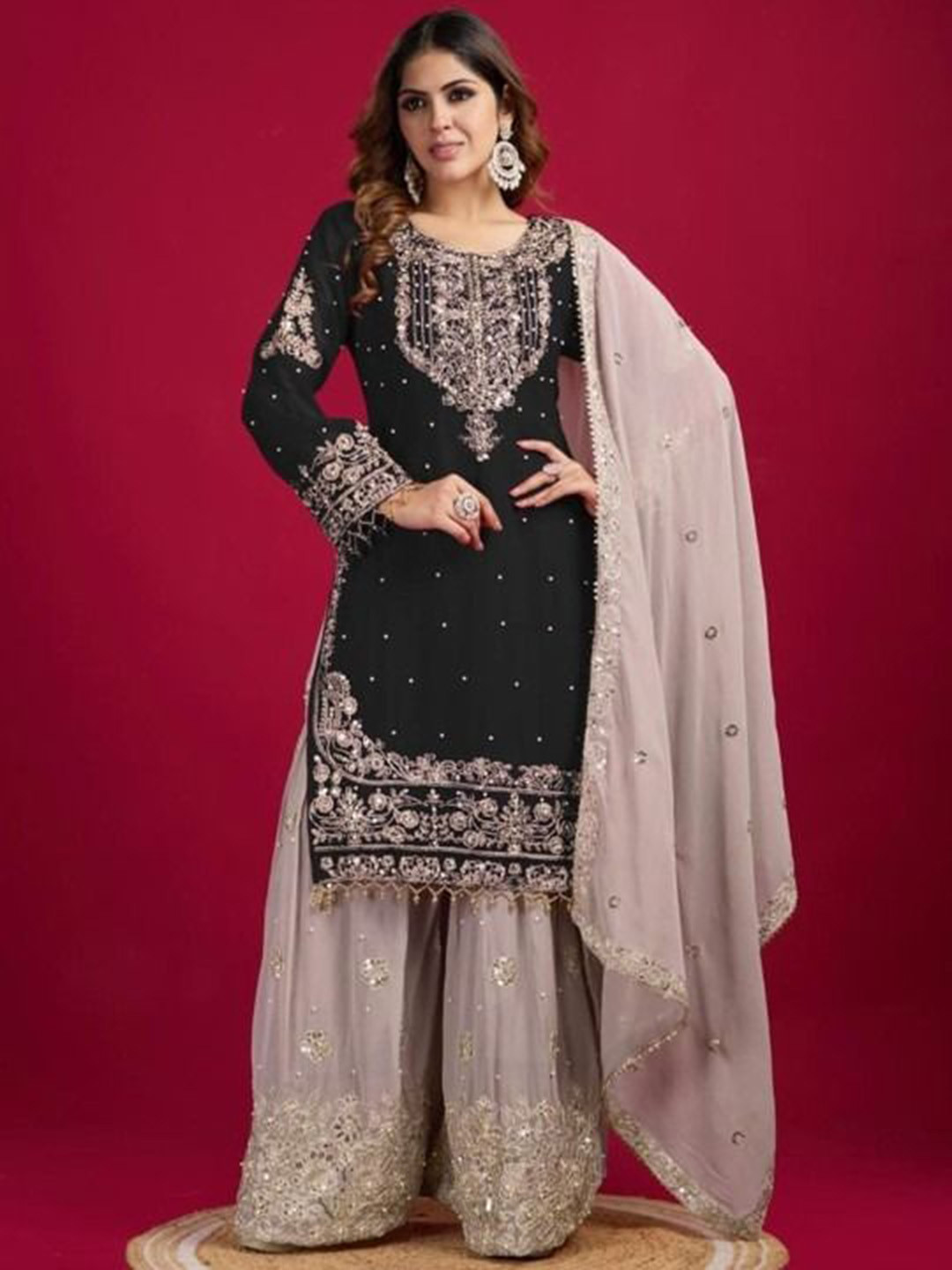 MISS CLOTHING Women Woven Design Printed Kurta with Sharara & Dupatta