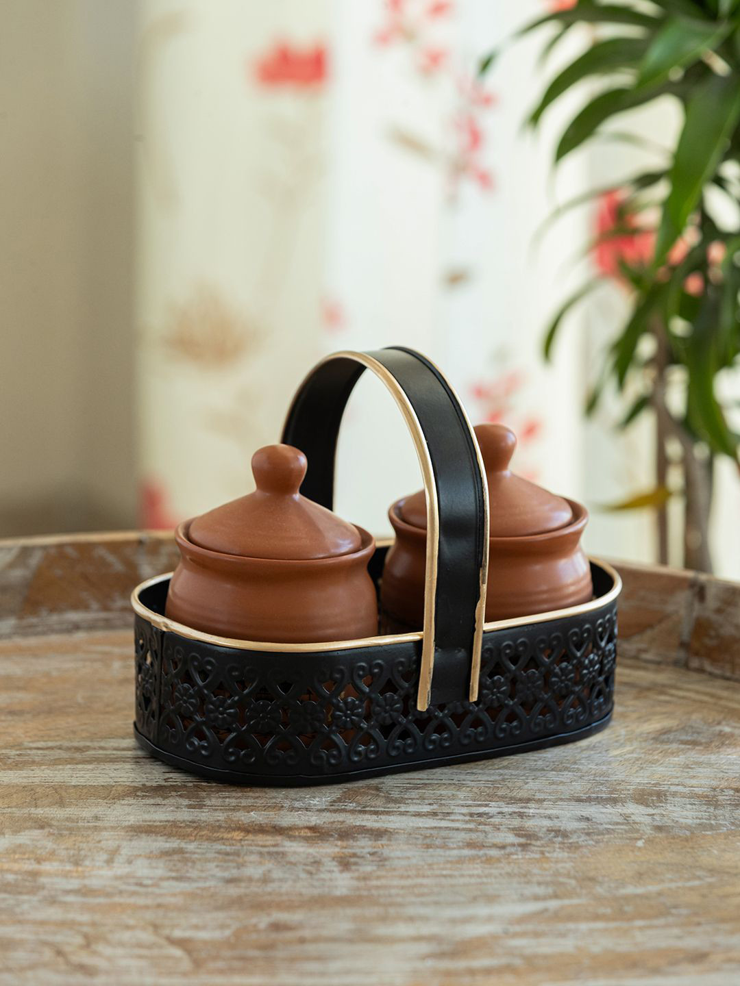 ExclusiveLane Brown 3 Pieces Pickle & Chutney Jar Set With Metal Tray