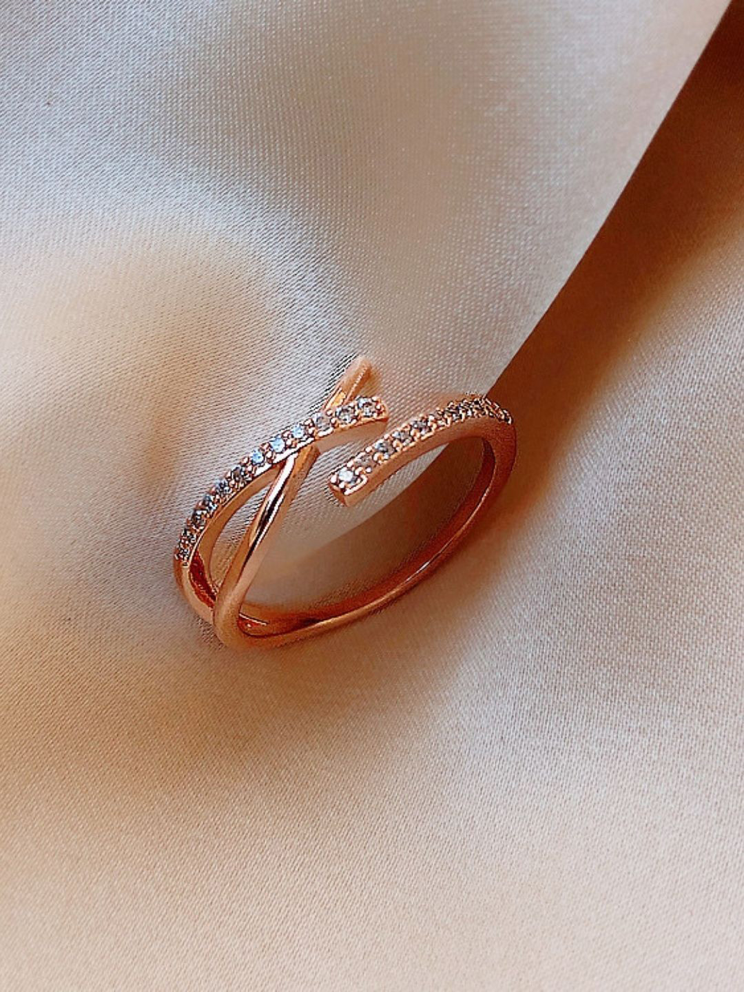 FAB COUTURE Rose Gold-Plated Zircon-Studded Adjustable Crossover Finger Ring