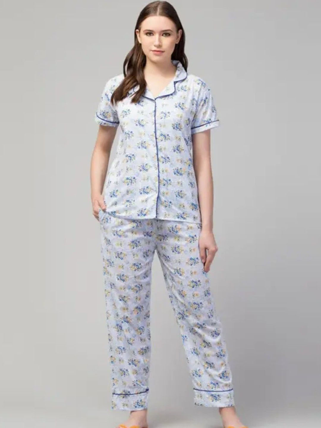 CROWN KING Women Floral Printed Pure Cotton Shirt & Pyjamas Night suit