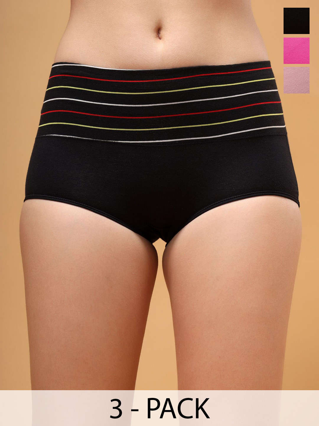 BRACHY Pack Of 3 Striped High-rise Hipster Briefs COM3_76BRIEFB5-M-Black,Lavender,Magenta
