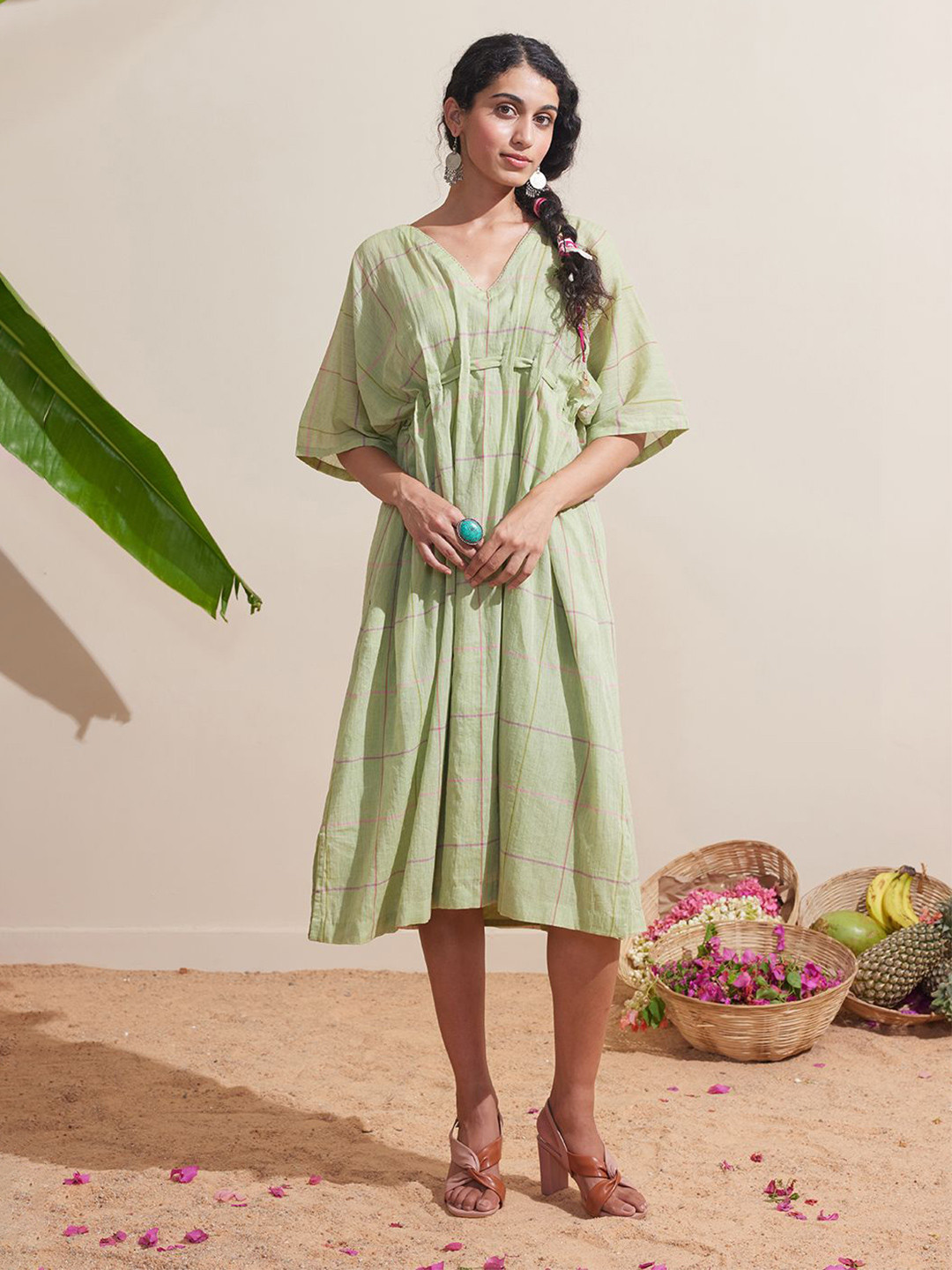 Dressfolk Handwoven Pure Cotton Madras checks Kaftan Dress