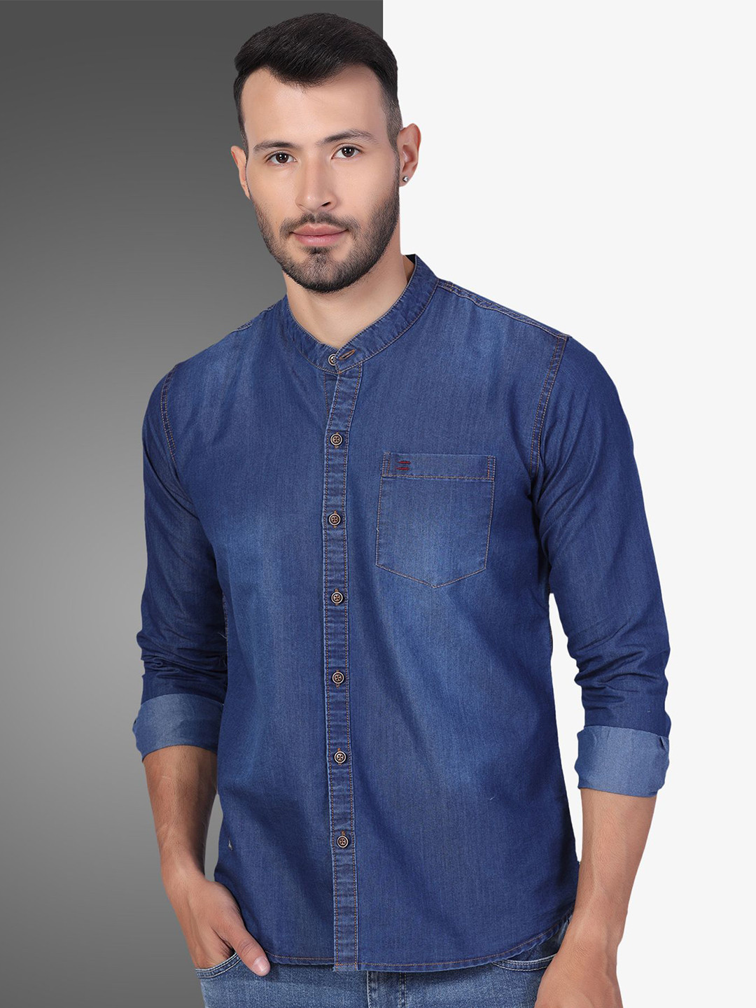 D Finish Band Collar Smart Denim Casual Shirt