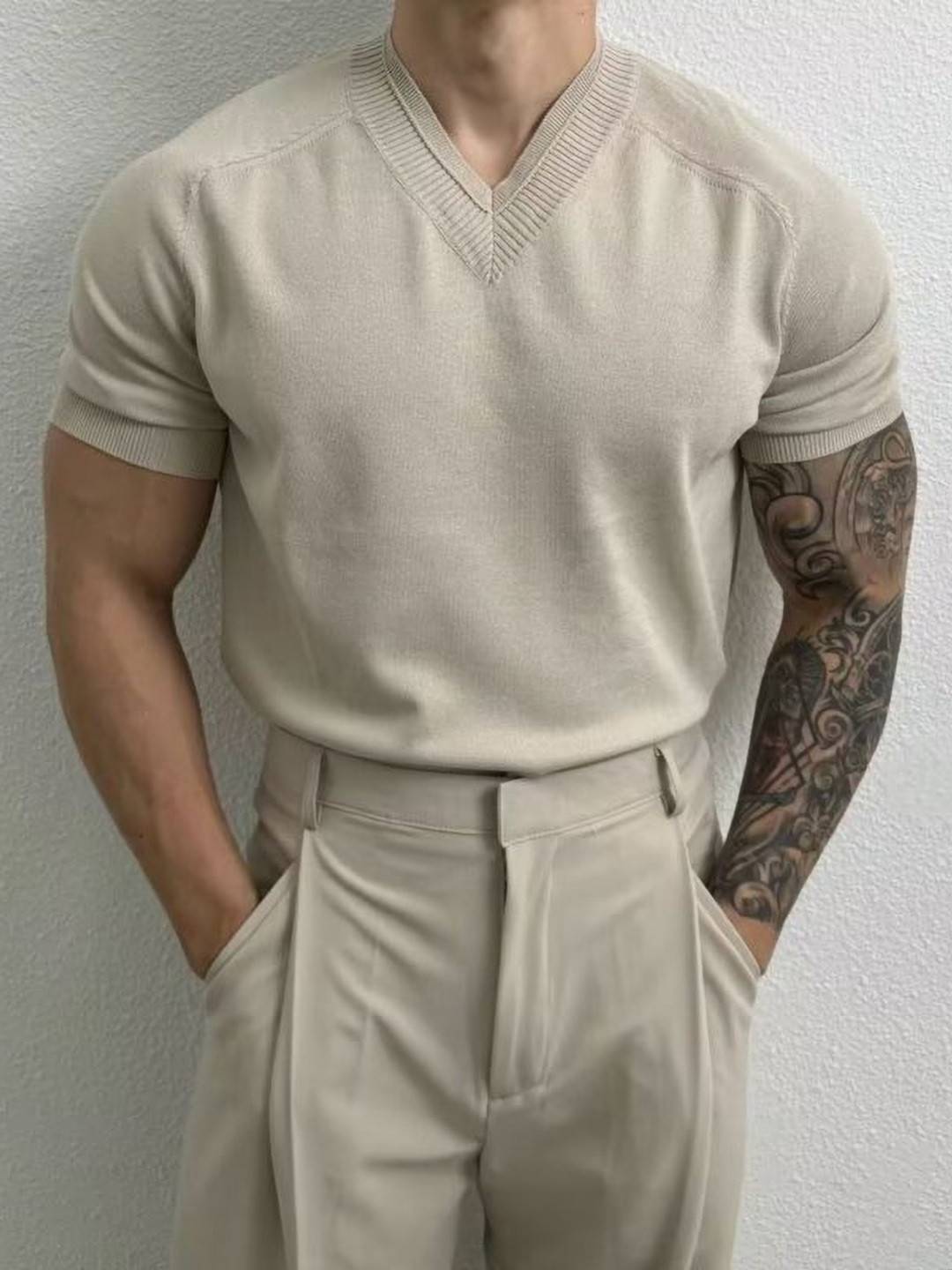 StyleCast x Revolte Solid V-Neck Muscle Fit Short Sleeves T-shirt