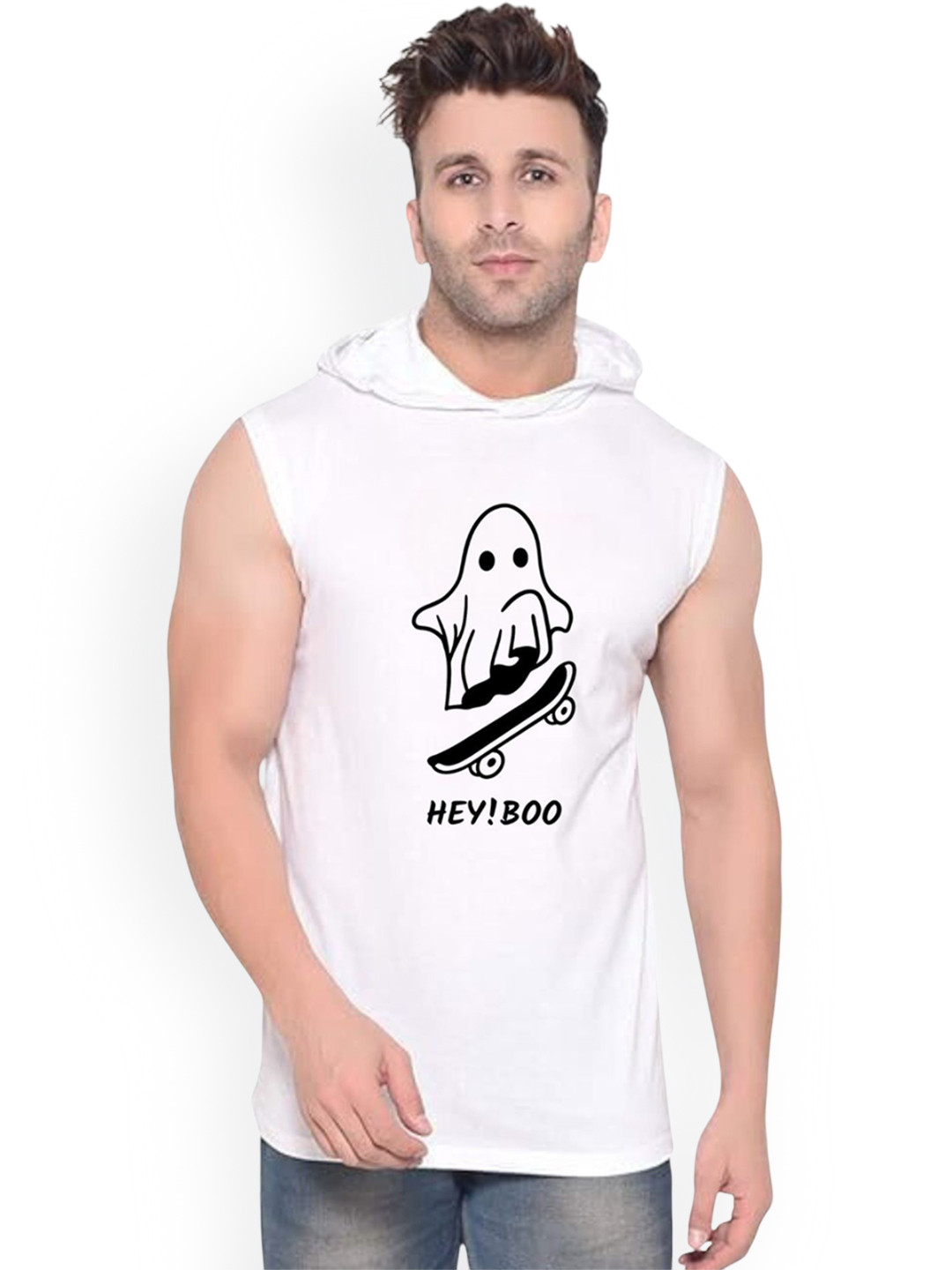 FABSTIEVE Men Hey Boo Printed Hooded Cotton Gym Vest