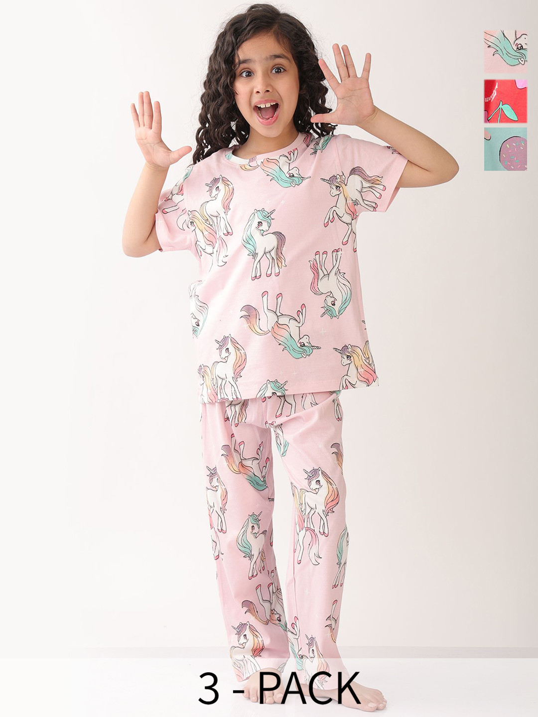 Anthrilo Pack Of 3 Girls Unicorn Star,cherry Red And Icecream Short Sleeve Night suit