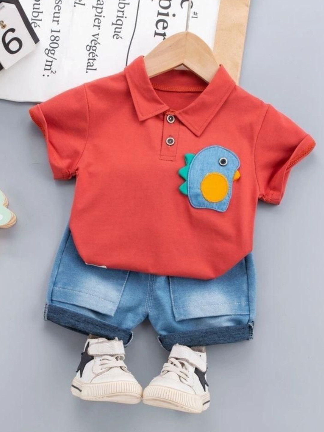 POP STREET KIDS Boys Self Design Shirt Collar Short Sleeves T-shirt With Shorts