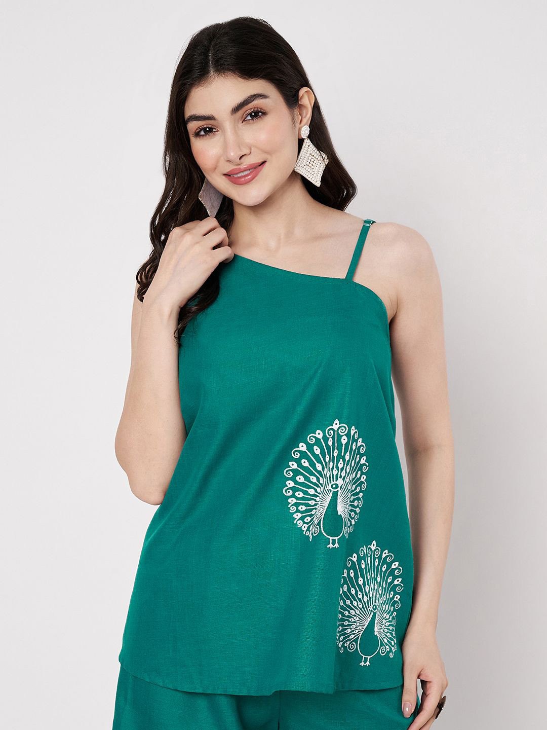 9rasa Peacock Printed One Shoulder Cotton A-Line Top