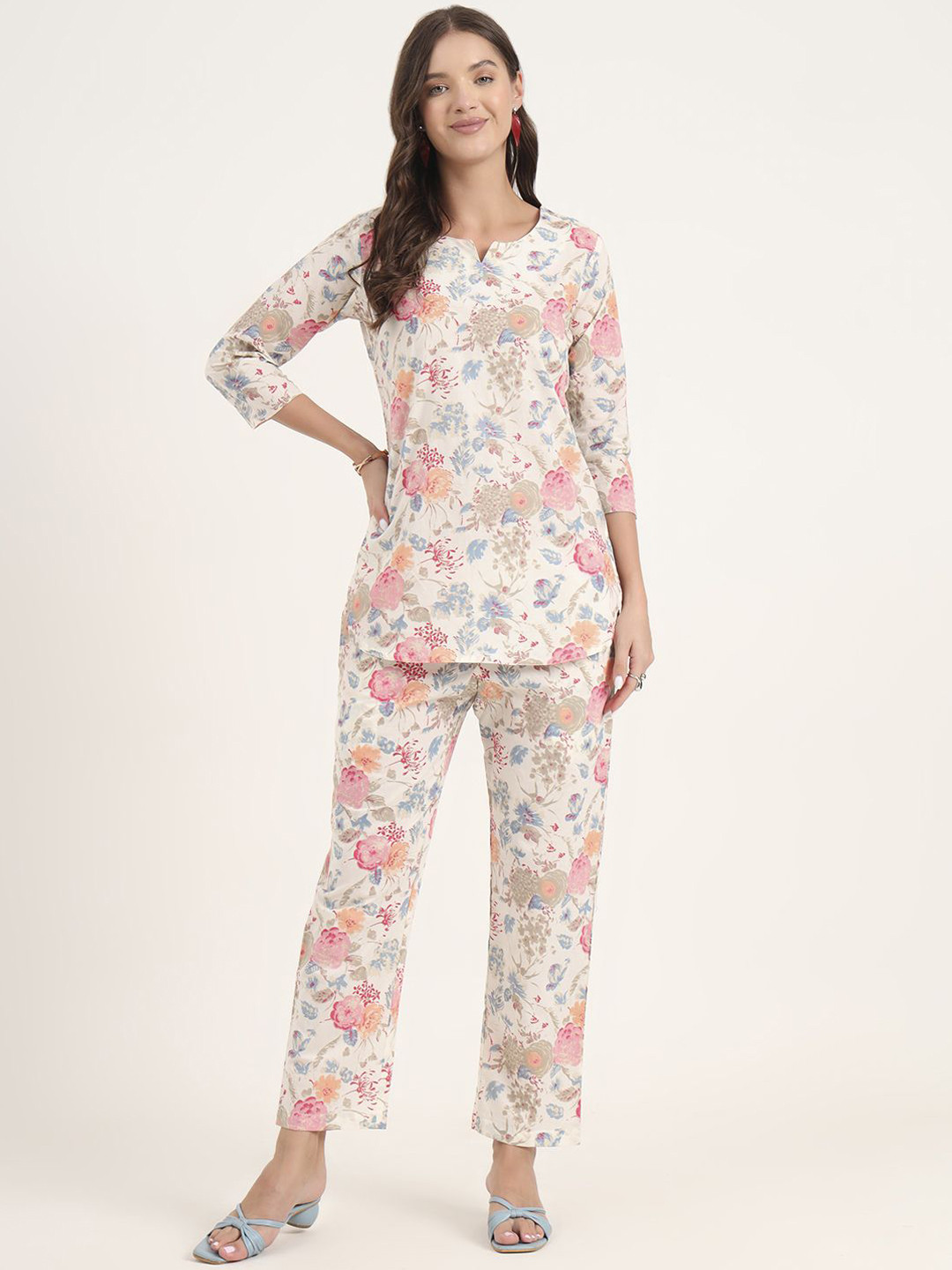 Divena Floral Printed Notch Neck Pure Cotton Tunic With Trousers