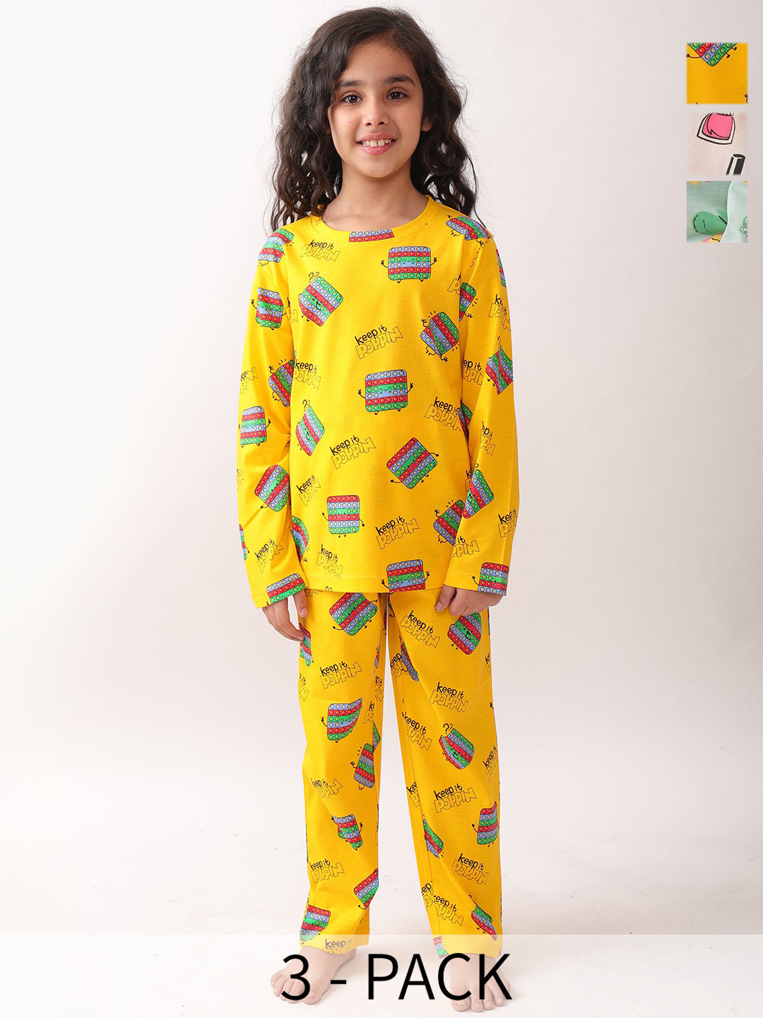 Anthrilo Pack Of 3 Girls Butterfly, Nail Paint And Summer Pop It Long Sleeve Night suits