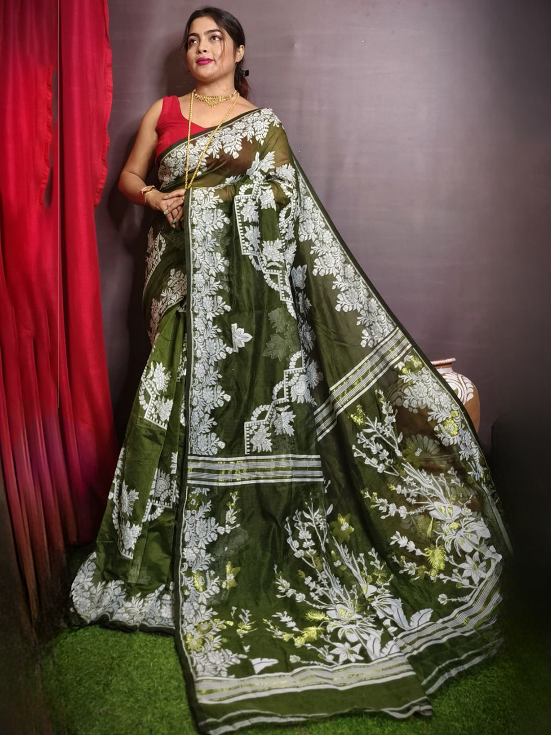 TITHI SAREES Mina Ethnic Motifs Printed Pure Cotton Jamdani Saree