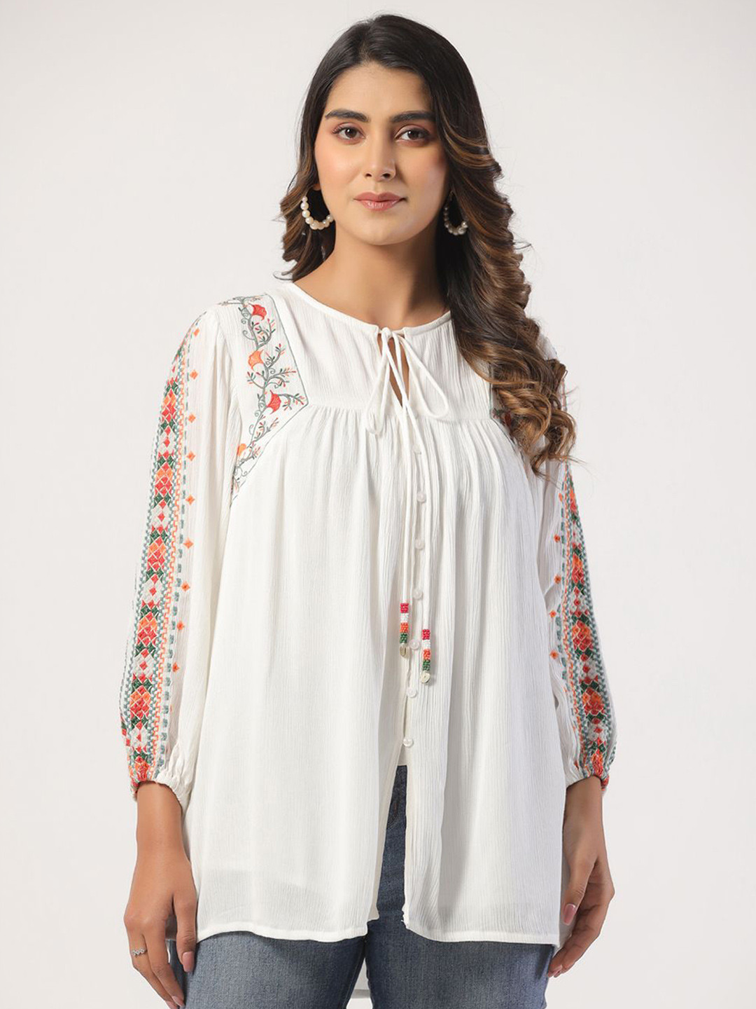 STIL O STITCH Women Embellished Embroidered Keyhole Neck Puff Sleeve Blouson Top