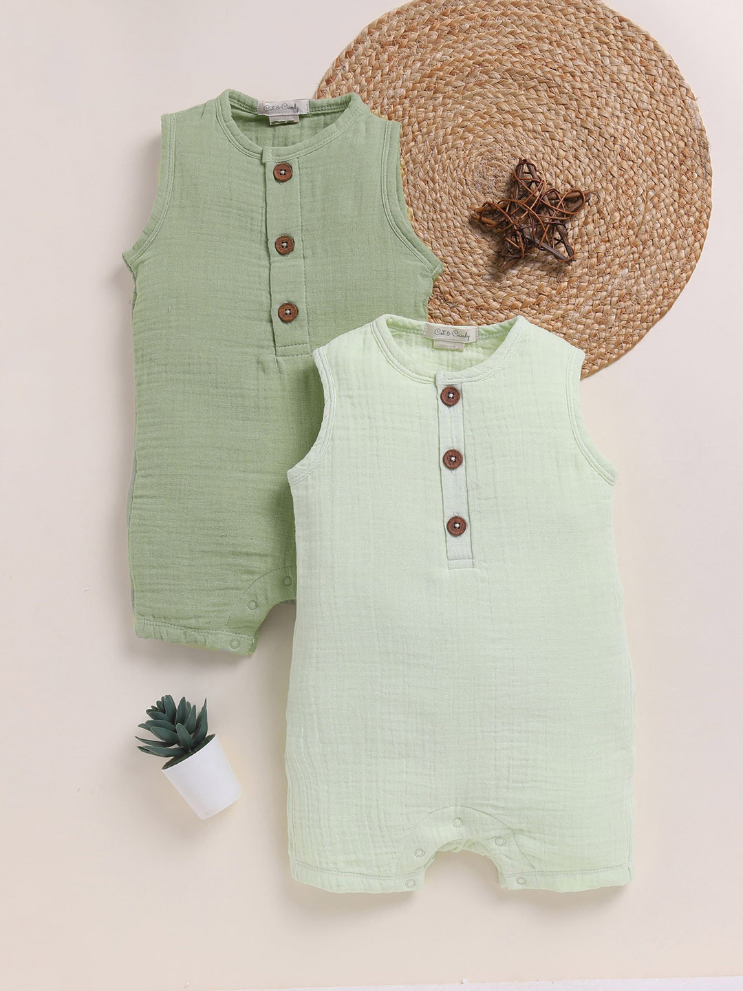 COT & CANDY Girl Set Of 2 Organic Cotton Regular Solid Printed Sleeveless Rompers