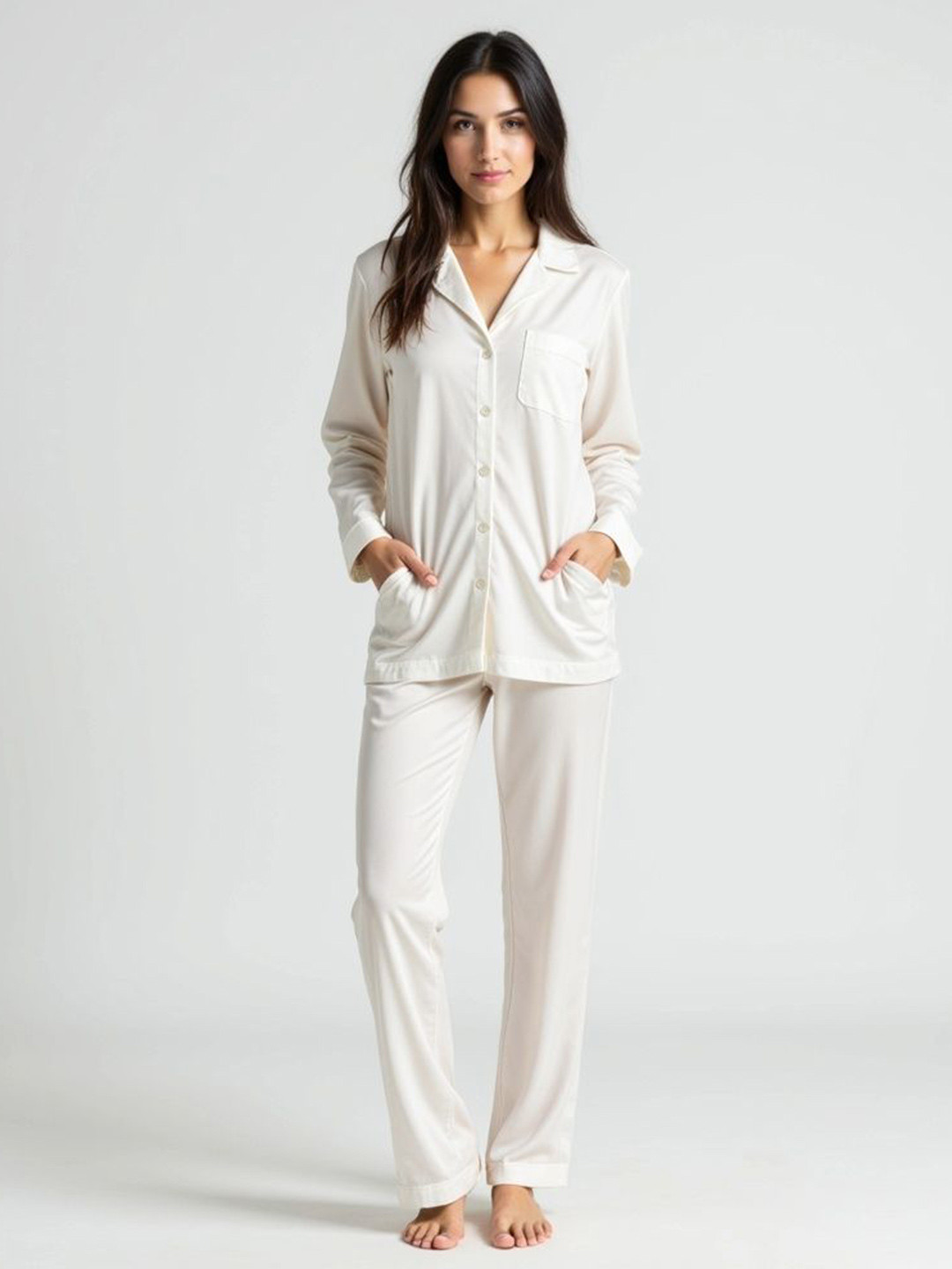 DEHMAN Lapel Collar Pure Silk Shirt With Pyjama