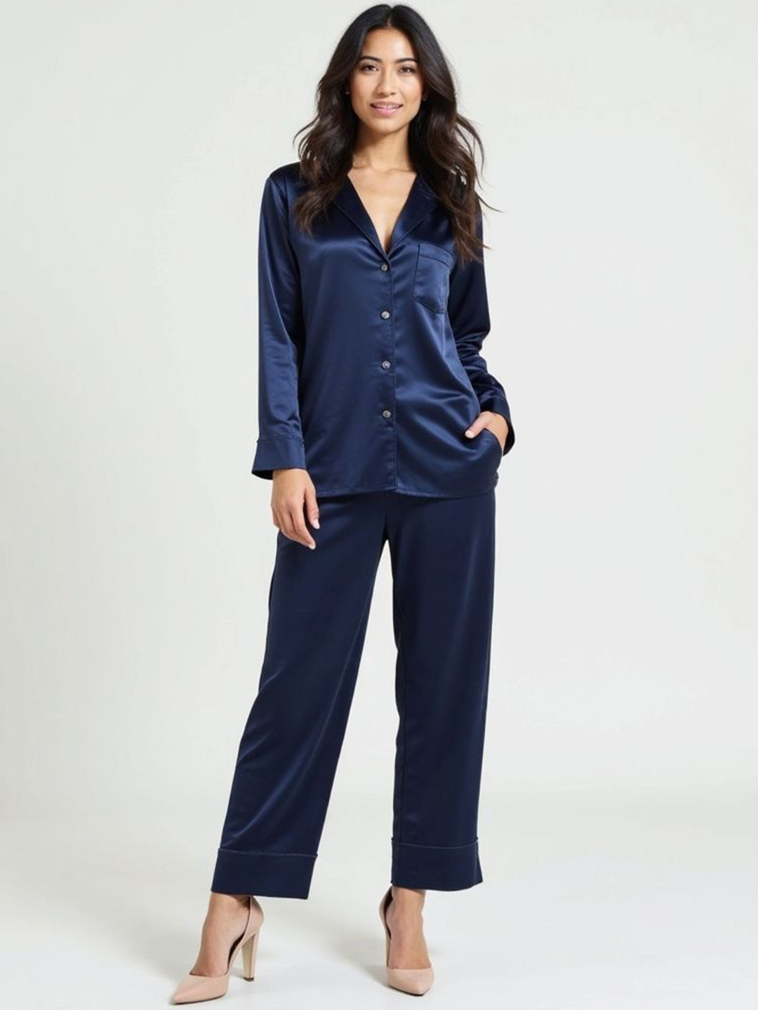 DEHMAN Long Sleeves Satin Shirt With Pyjama