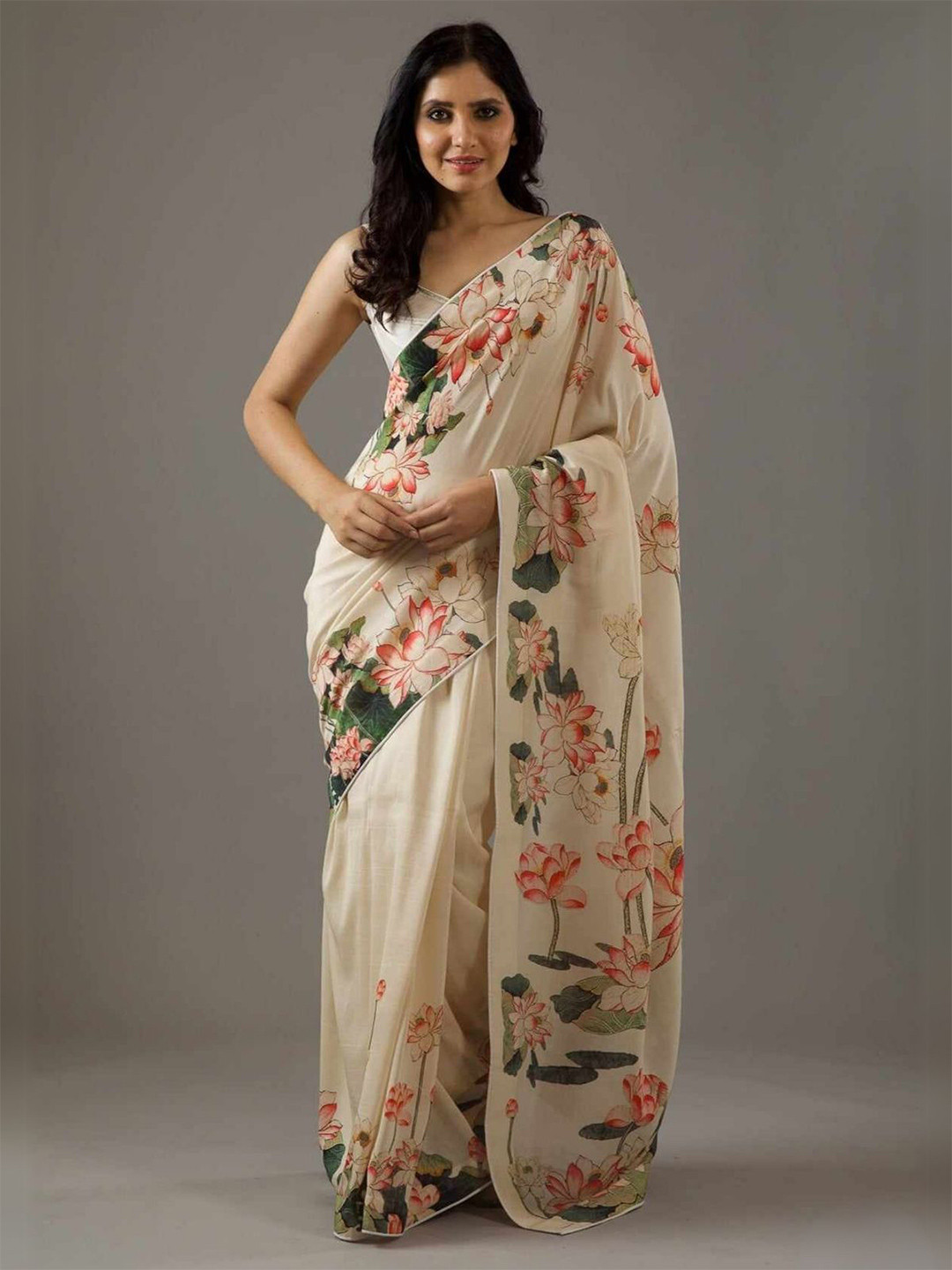 ODETTE Cream Georgette Lotus Printed Saree With Unstitched Blouse