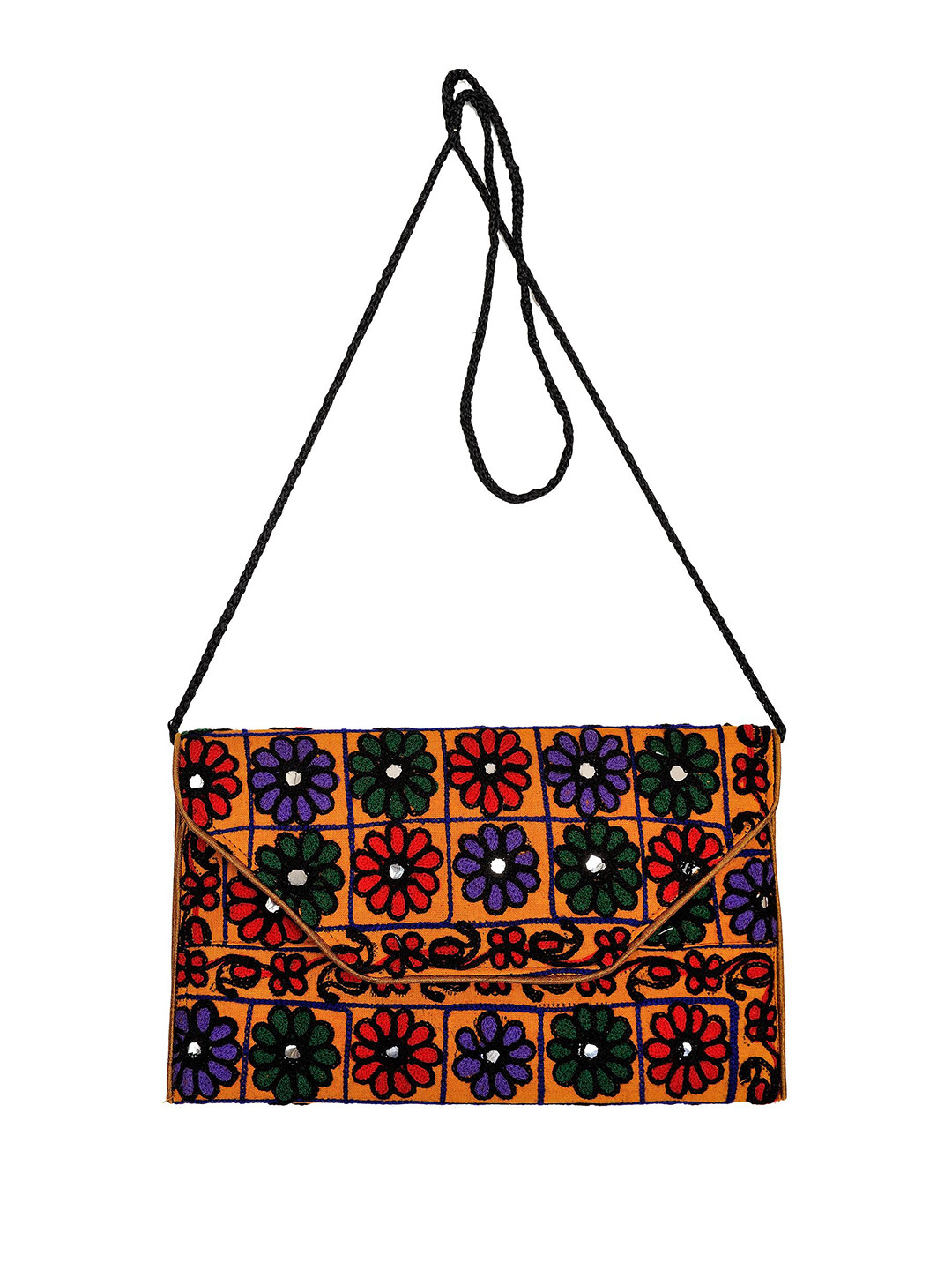 Exotic India Crewel Embroidered Flowers and Mirrors Pure Cotton Purse Clutch