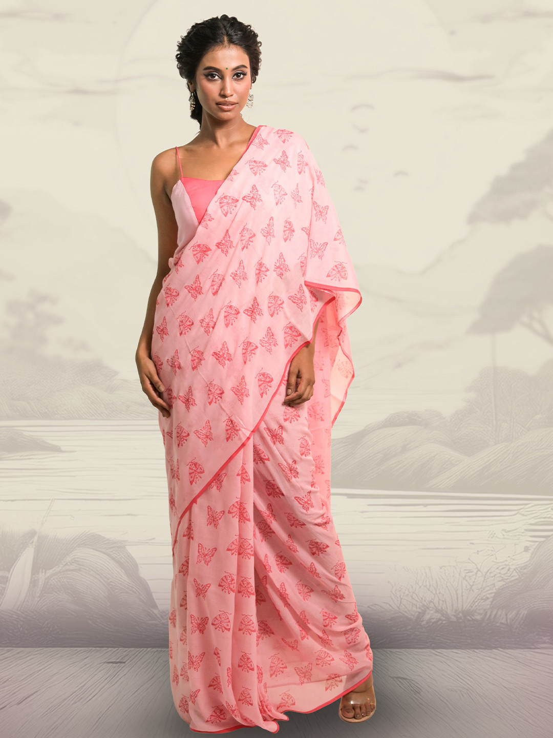 HUTS AND LOOMS Butterfly Motifs Block Printed Mul Cotton Saree